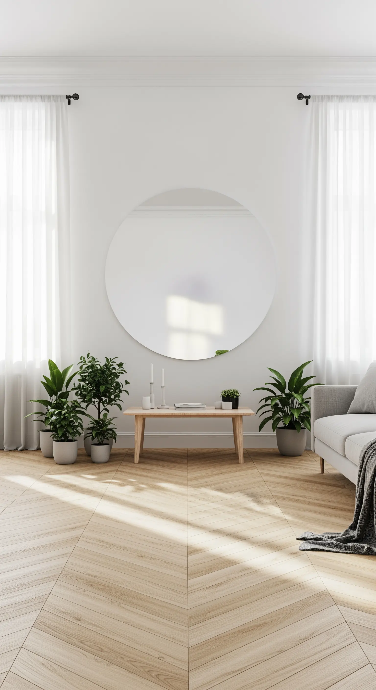 Grande specchio rotondo senza cornice in un soggiorno minimalista con piante.
