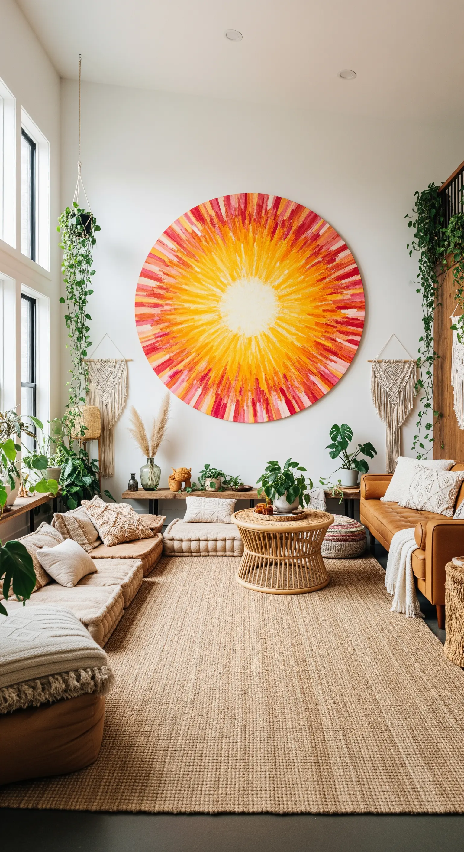 Grande quadro rotondo che rappresenta un sole astratto in un soggiorno boho con sedute a terra.