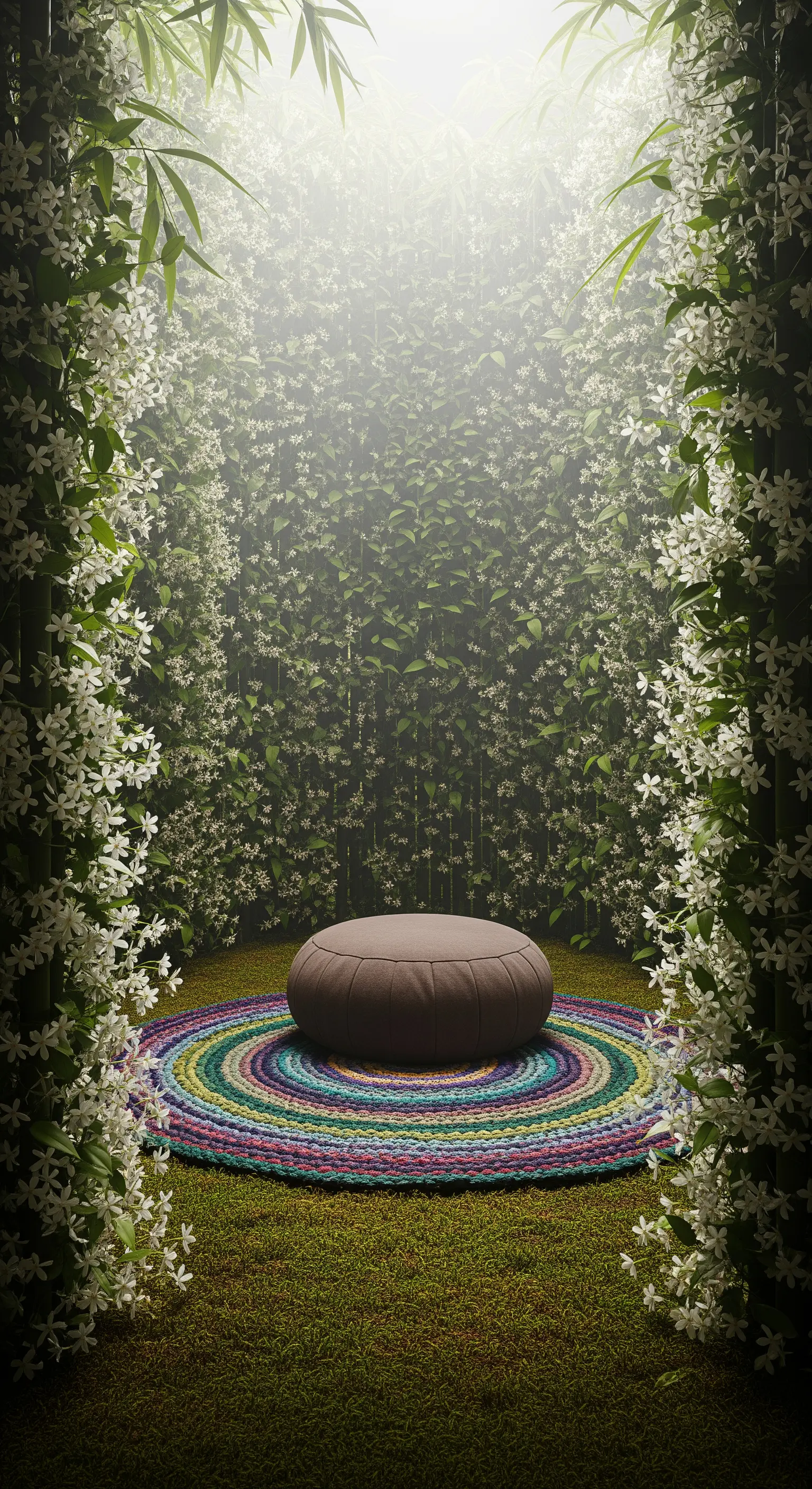 Un cuscino da meditazione al centro di un tappeto rotondo e colorato, in un angolo verde.