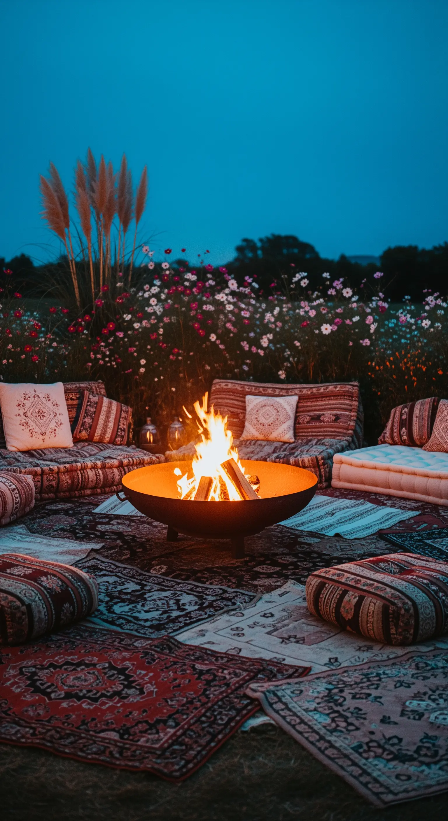 Braciere acceso di notte, circondato da cuscini e tappeti etnici in un prato fiorito.