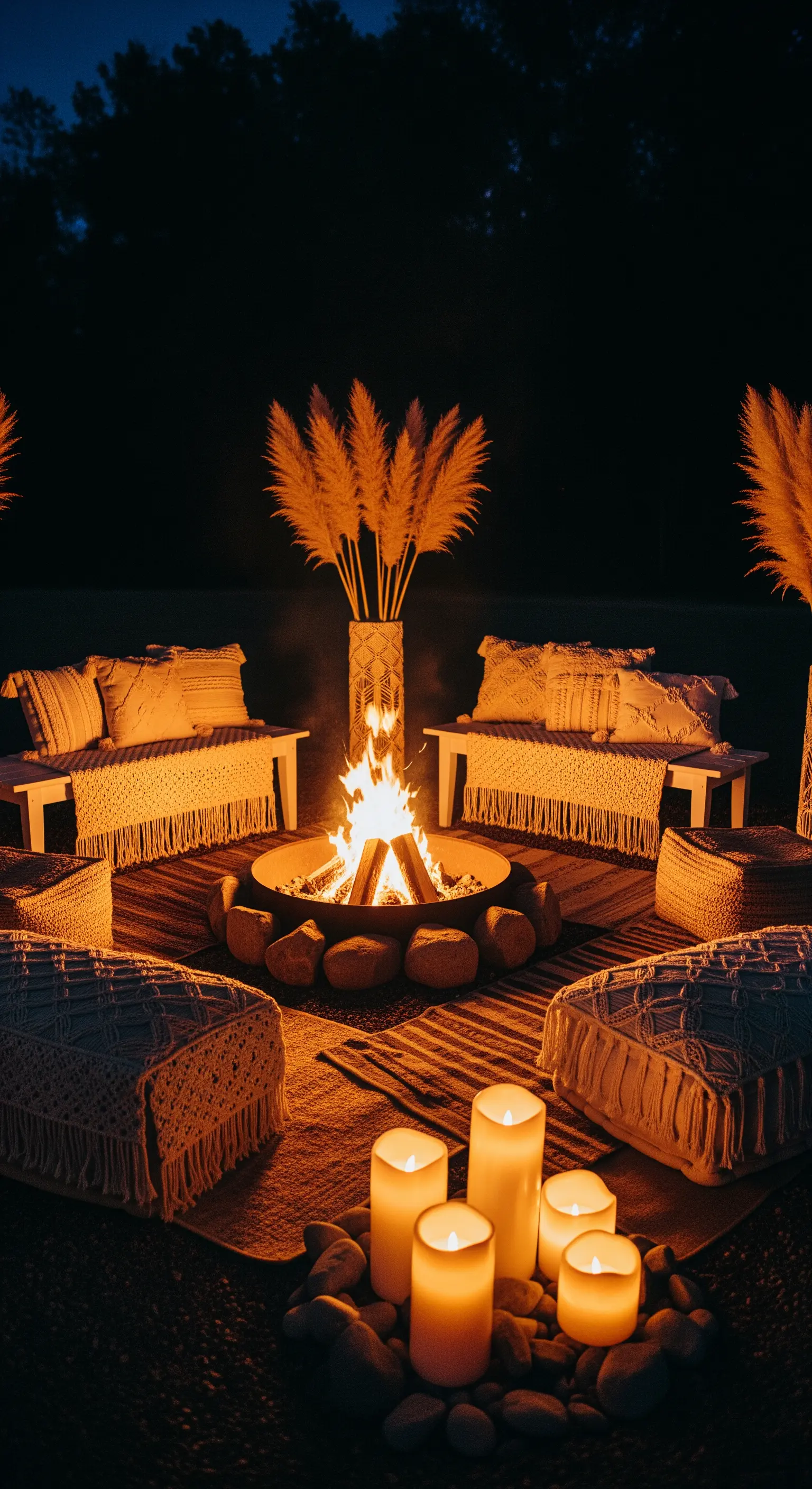 Area relax notturna attorno a un braciere, con panche, cuscini e candele.