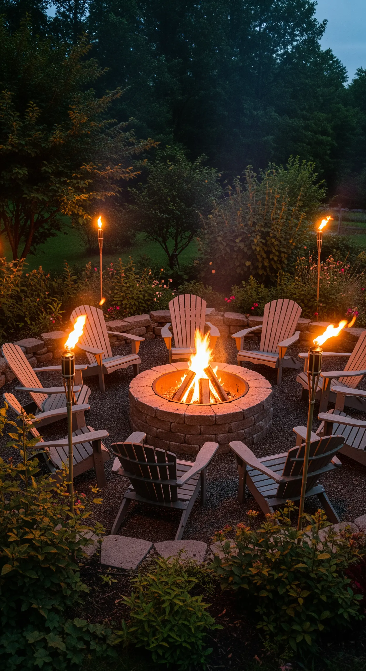 Braciere acceso circondato da sedie in legno e torce tiki in un giardino rigoglioso.