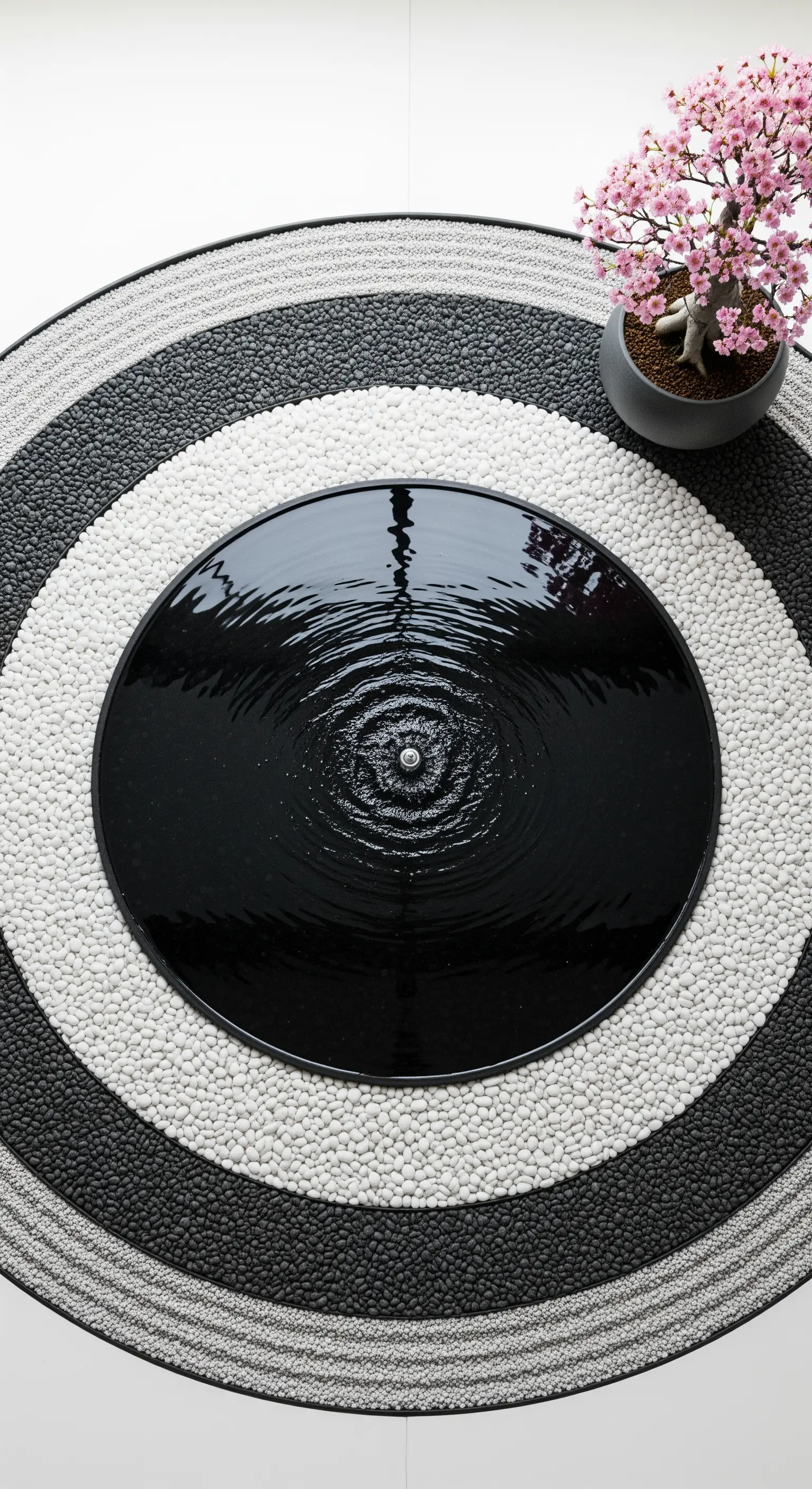 Composizione zen circolare con ciottoli bianchi e neri e una vasca d'acqua centrale