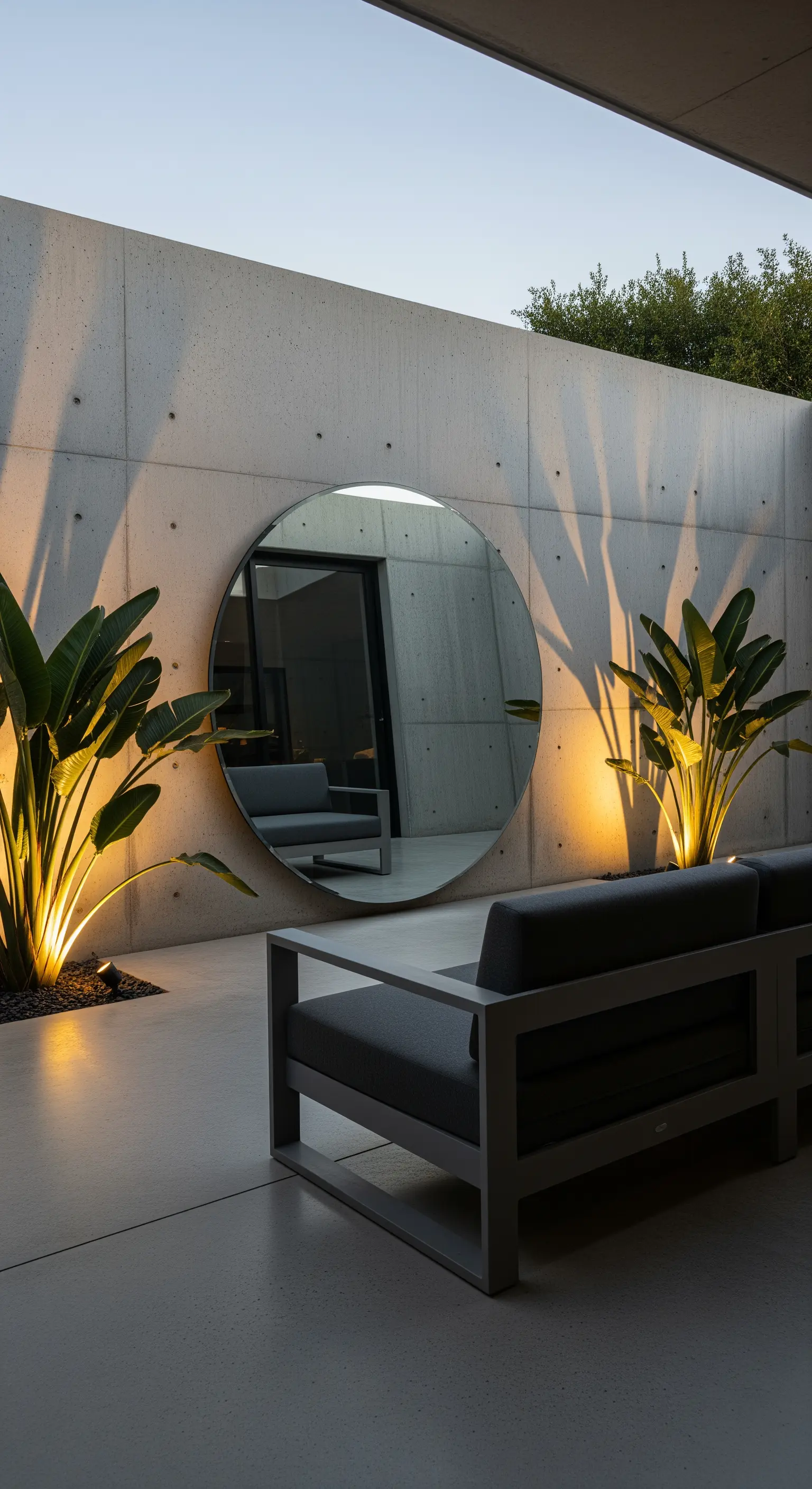 Grande specchio rotondo su parete di cemento, con arredi minimal e piante illuminate.