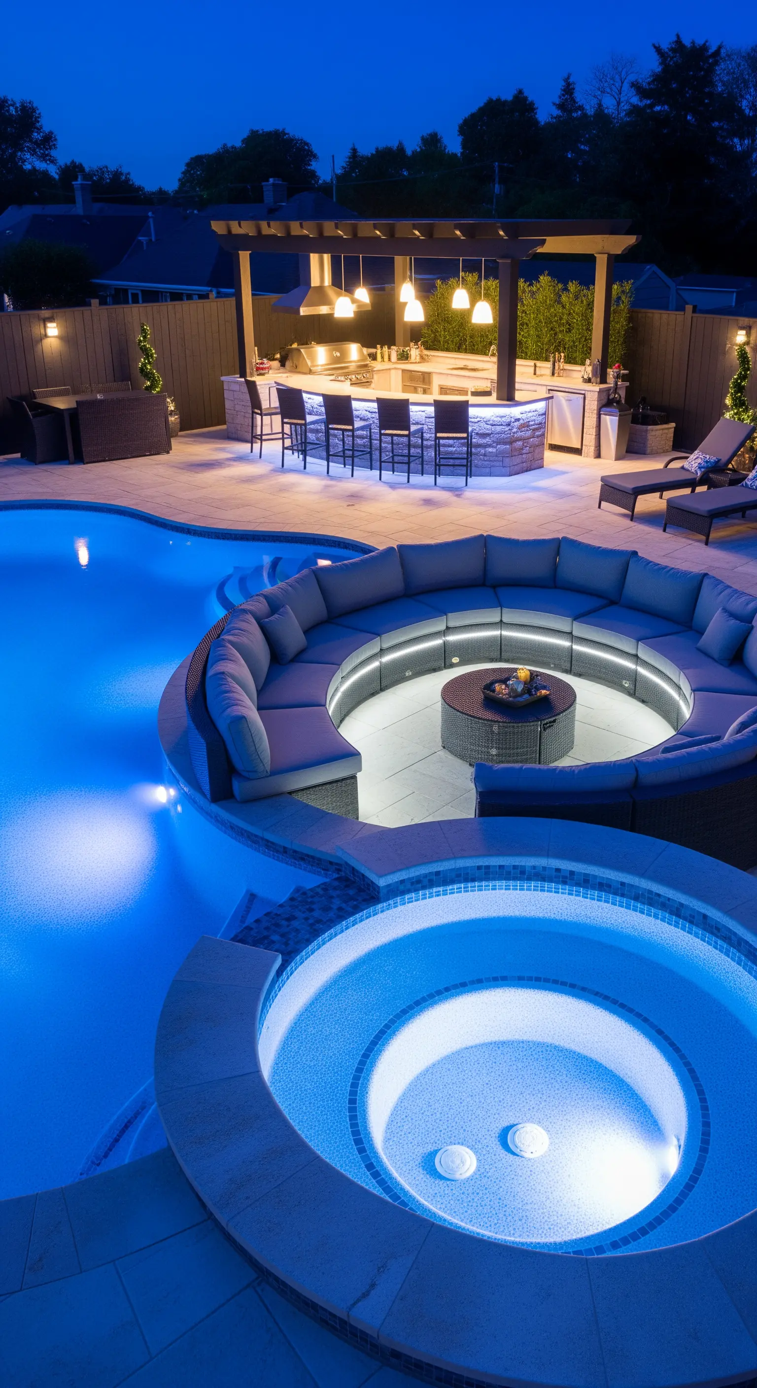 Area piscina con un salotto circolare incassato e una grande cucina esterna sotto una pergola.