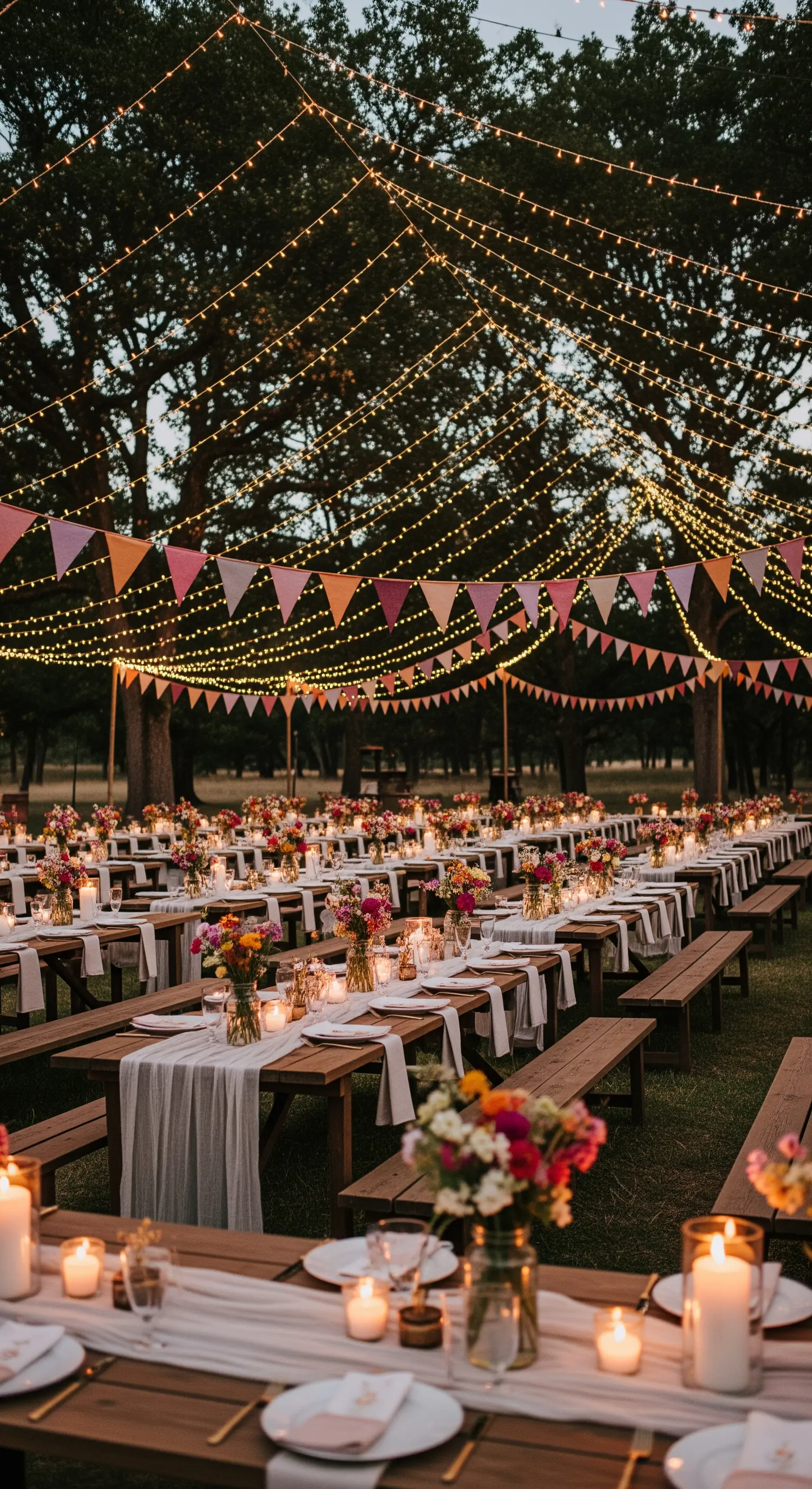 Lunghe tavolate da picnic sotto un cielo di lucine e bandierine colorate.