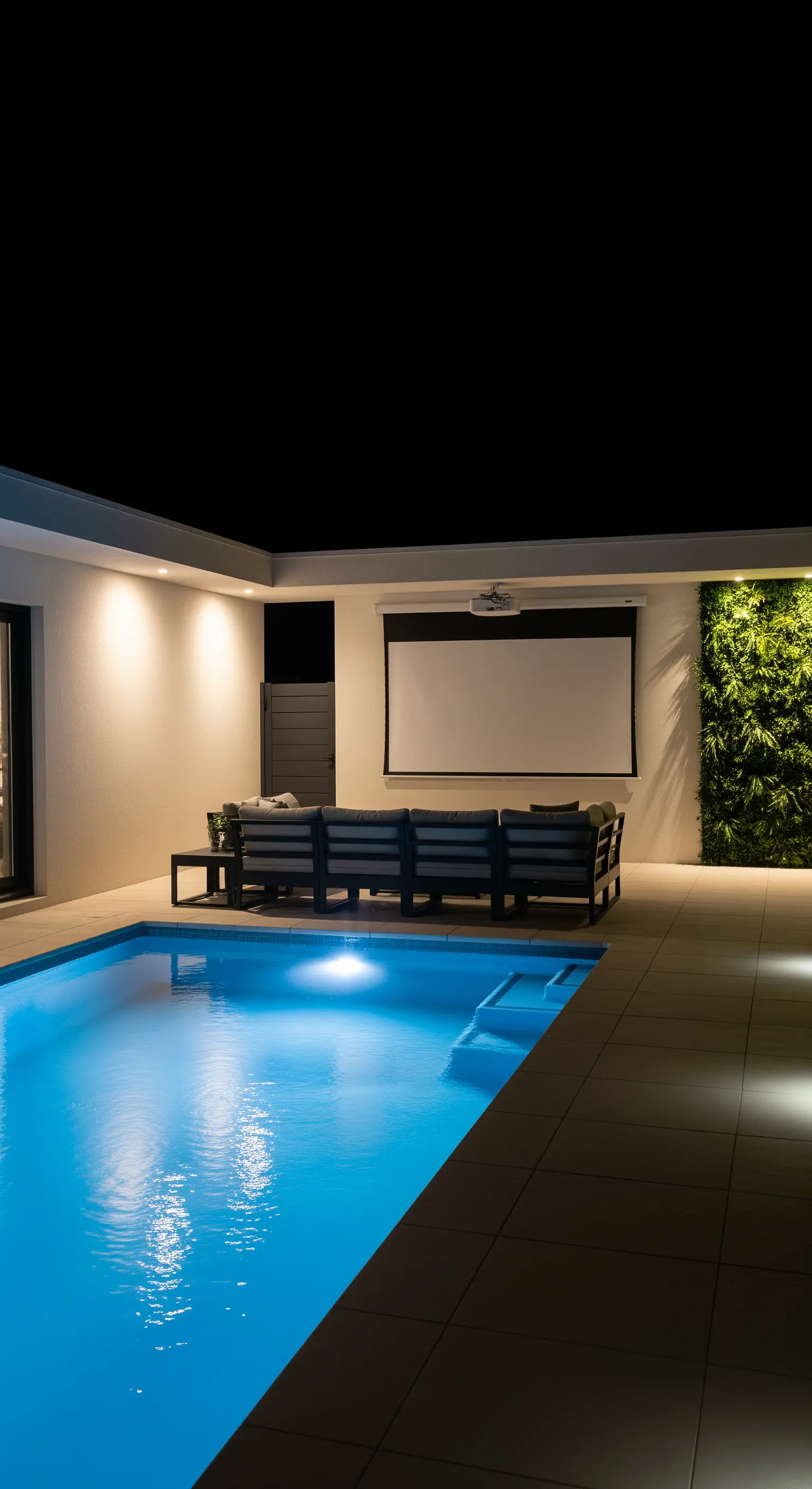 Piscina di notte con un divano di fronte a uno schermo da proiezione illuminato.