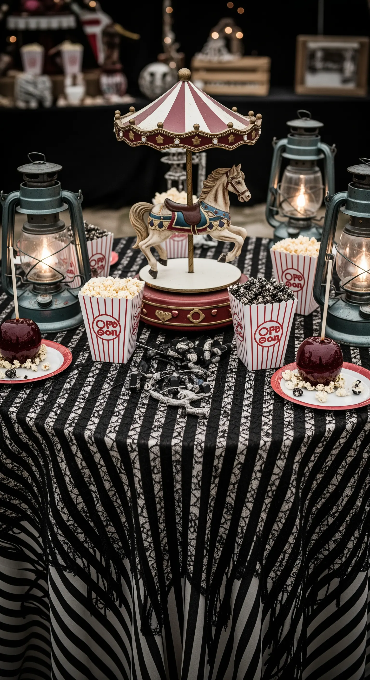 Tavolo a tema circo vintage per Halloween con giostra, popcorn e lanterne.