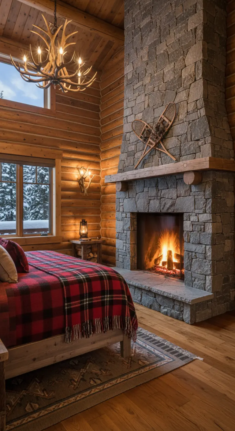 Camera da letto in una baita di tronchi con grande camino in pietra e lampadario di corna.