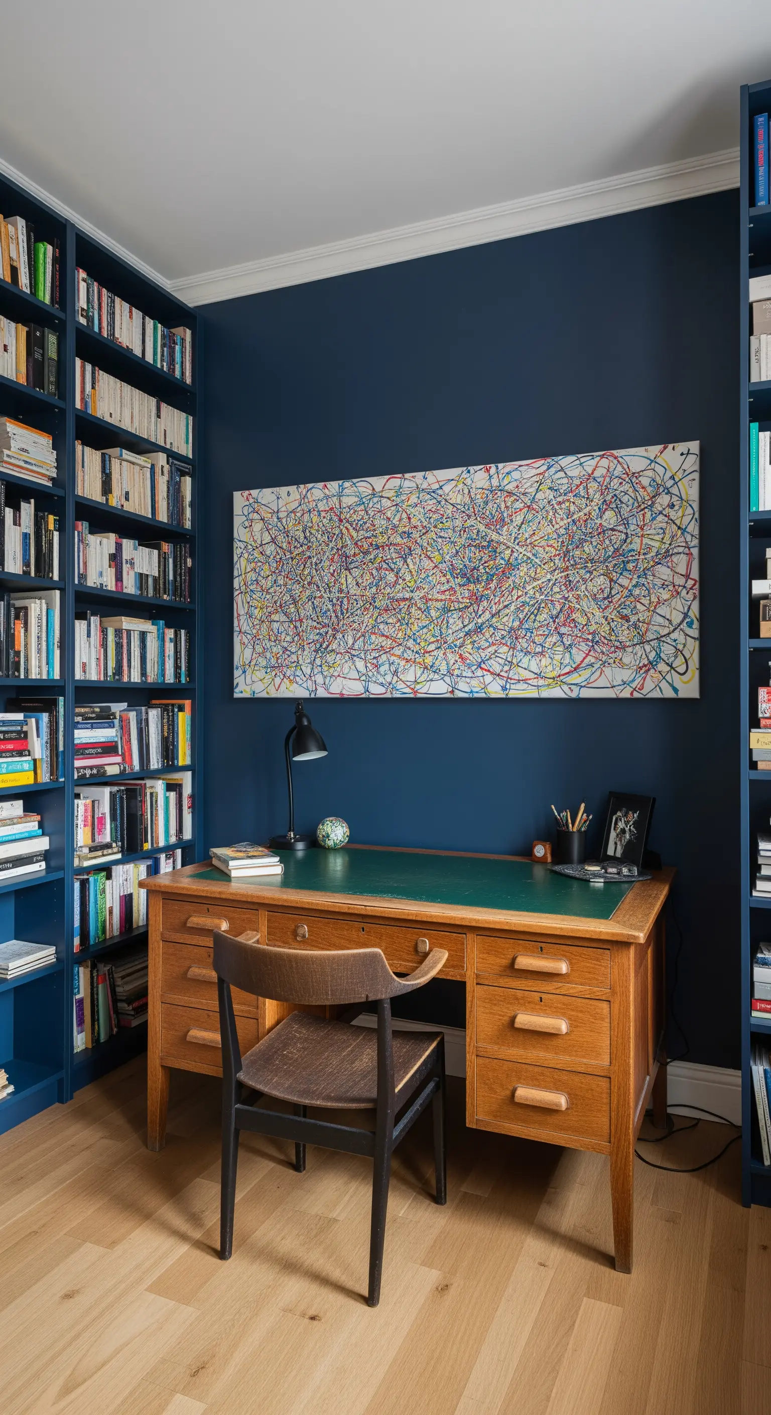 Studio con librerie blu, scrivania in legno e un grande e colorato quadro astratto orizzontale.