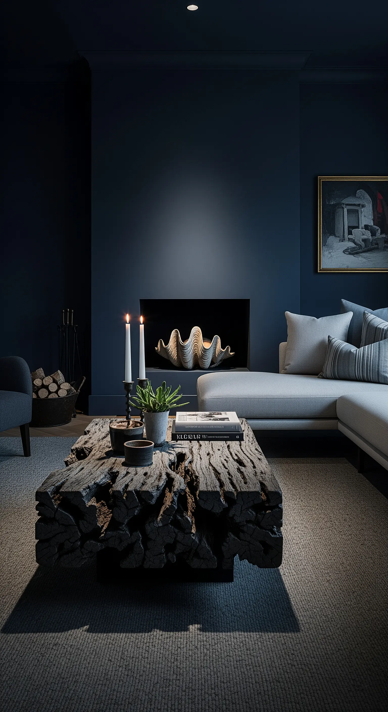 Living con pareti blu notte, divano chiaro e tavolino in legno grezzo.