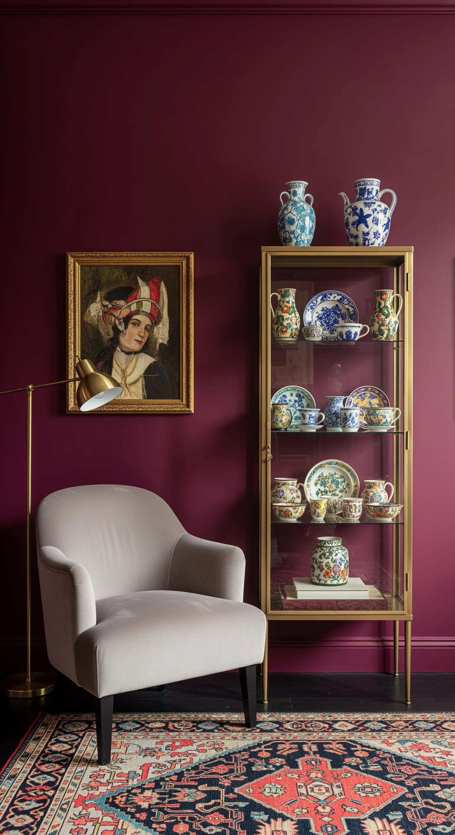 Poltrona grigia e vetrina dorata con ceramiche su una parete color magenta.