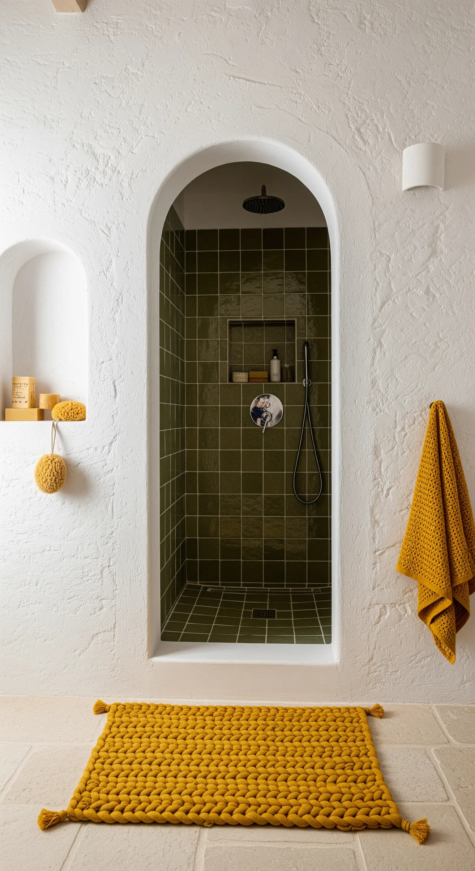 Bagno con pareti bianche texturizzate e doccia ad arco rivestita di piastrelle verde scuro.