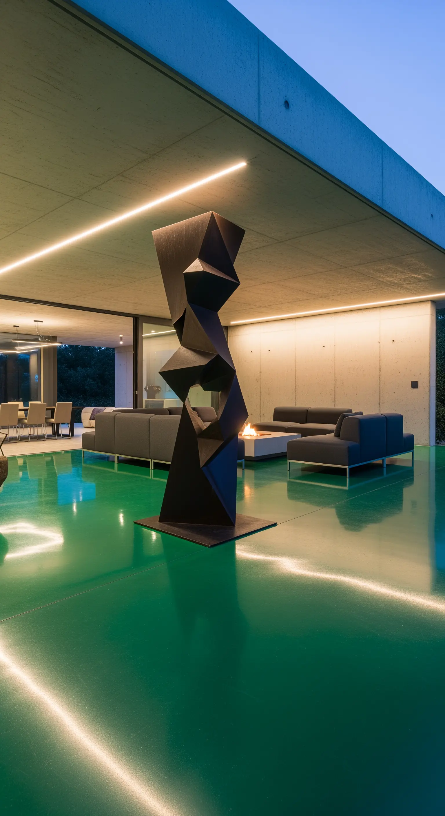 Portico moderno con pavimento in resina verde smeraldo e scultura geometrica nera.