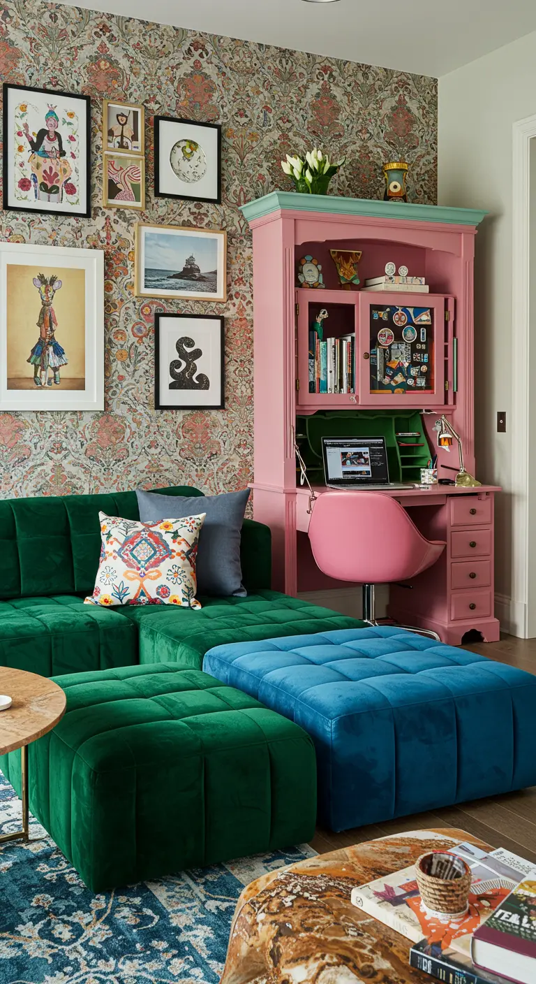 Scrittoio vintage rosa acceso accanto a un divano componibile in velluto verde.