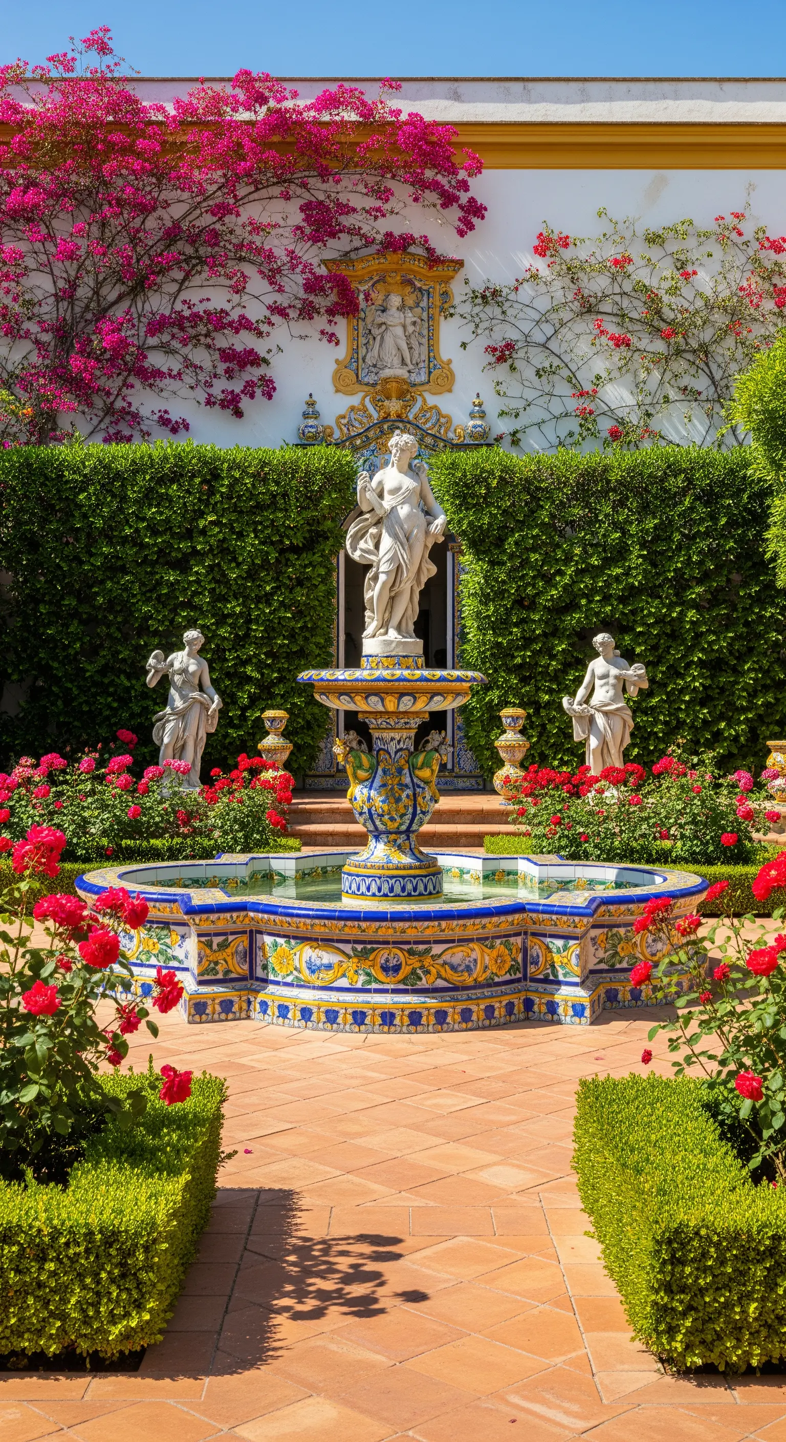Fontana centrale decorata con maioliche blu e gialle, circondata da rose rosse.