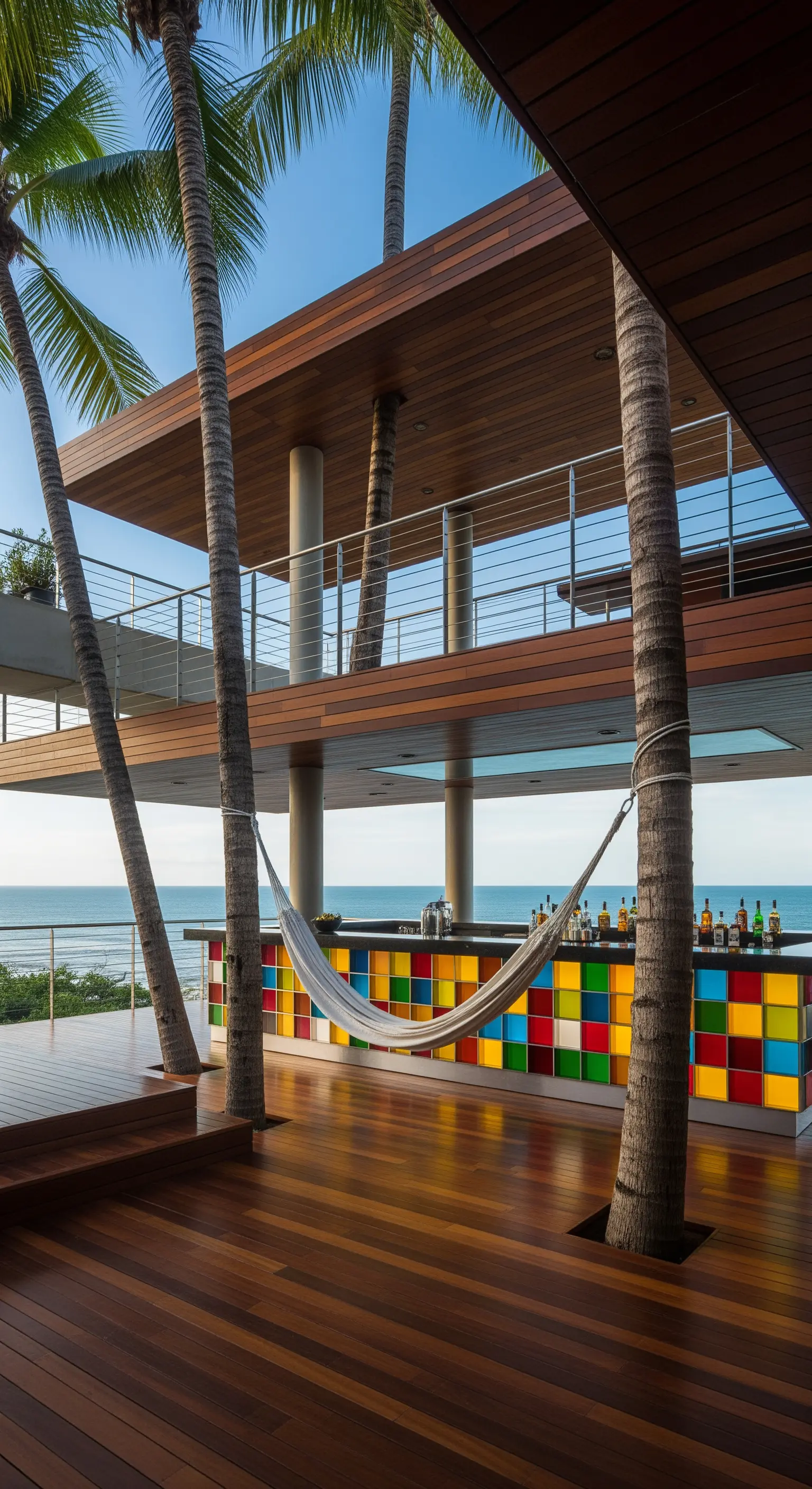 Terrazza moderna a più livelli con palme che crescono attraverso il pavimento e bar colorato