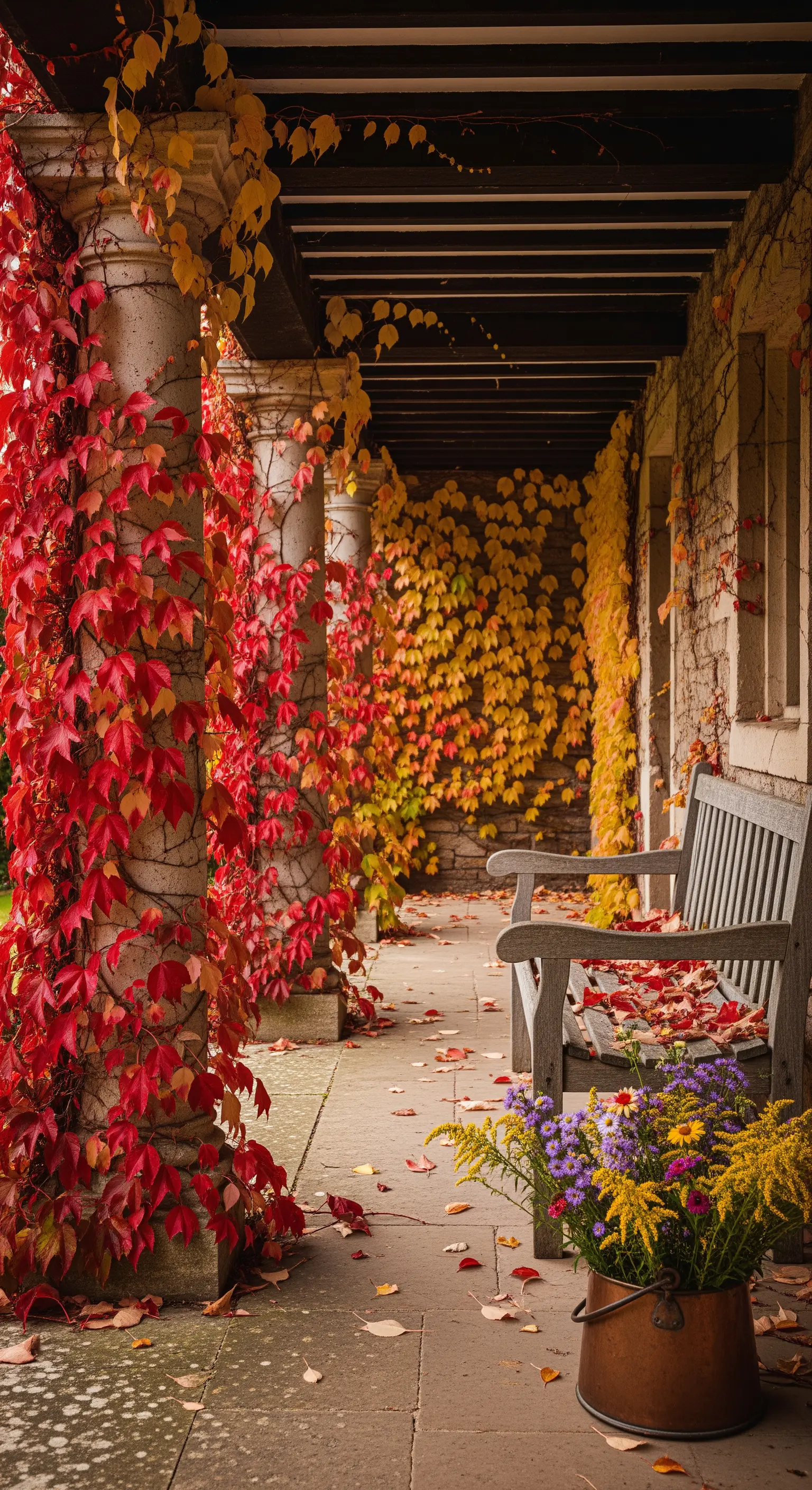 Portico con colonne in pietra avvolte da edera rampicante con foglie rosse e gialle in autunno.