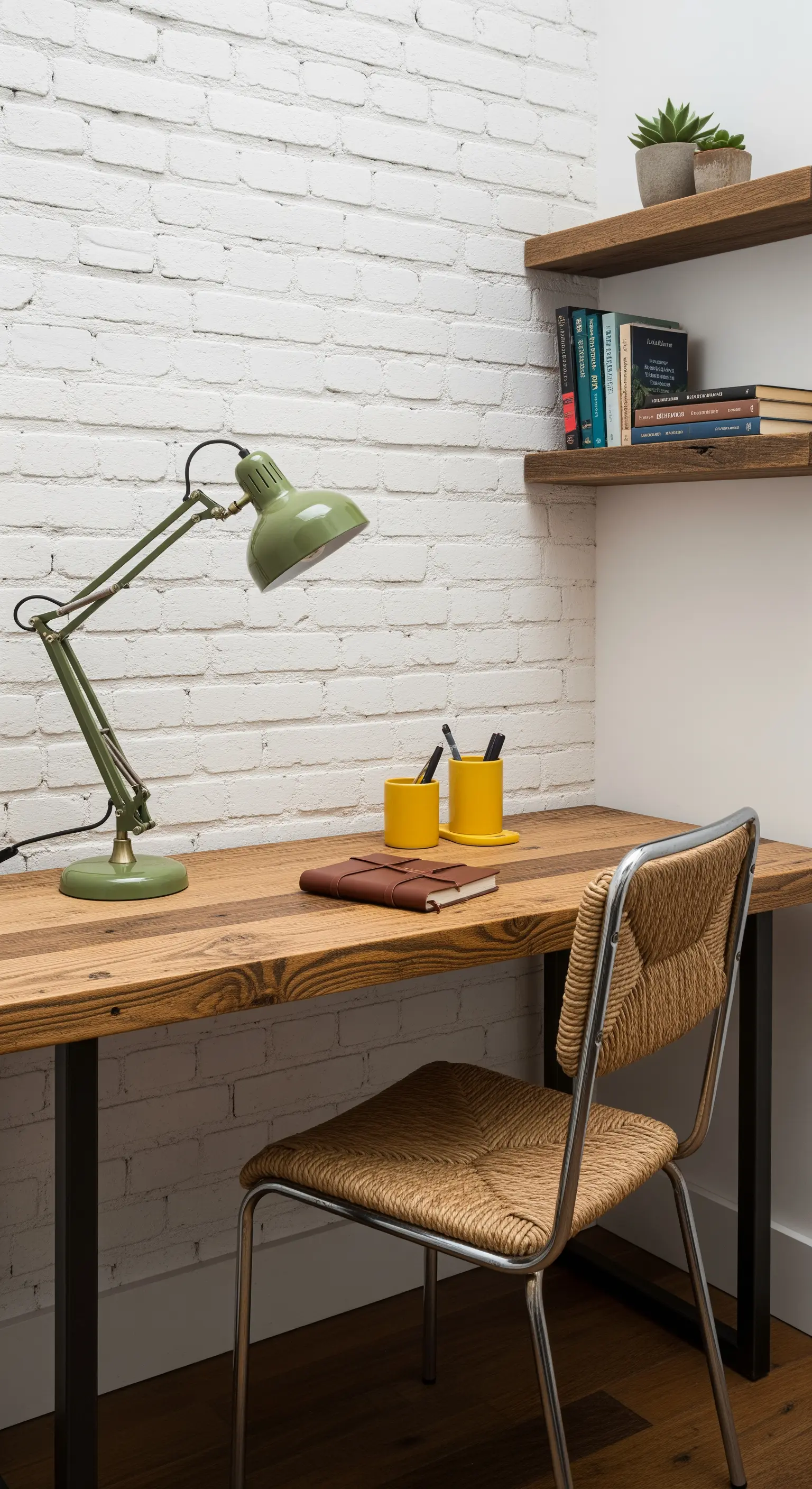 Scrivania in legno con lampada verde oliva, sedia in paglia e parete in mattoni bianchi.