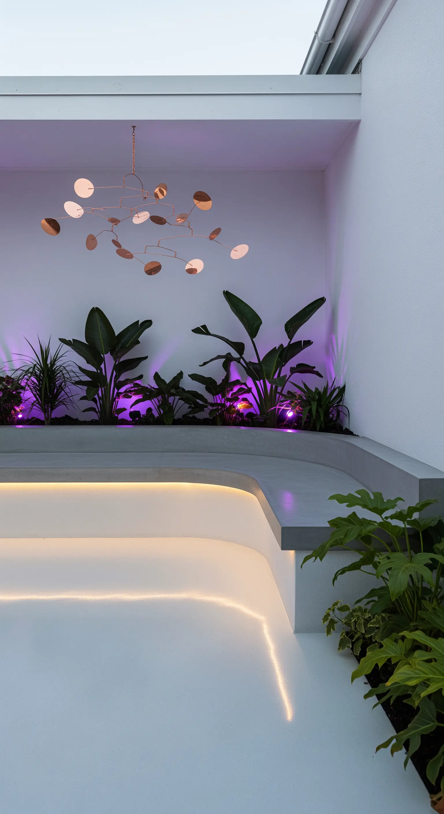 Patio bianco con illuminazione viola, panca in cemento e una scultura mobile in rame.