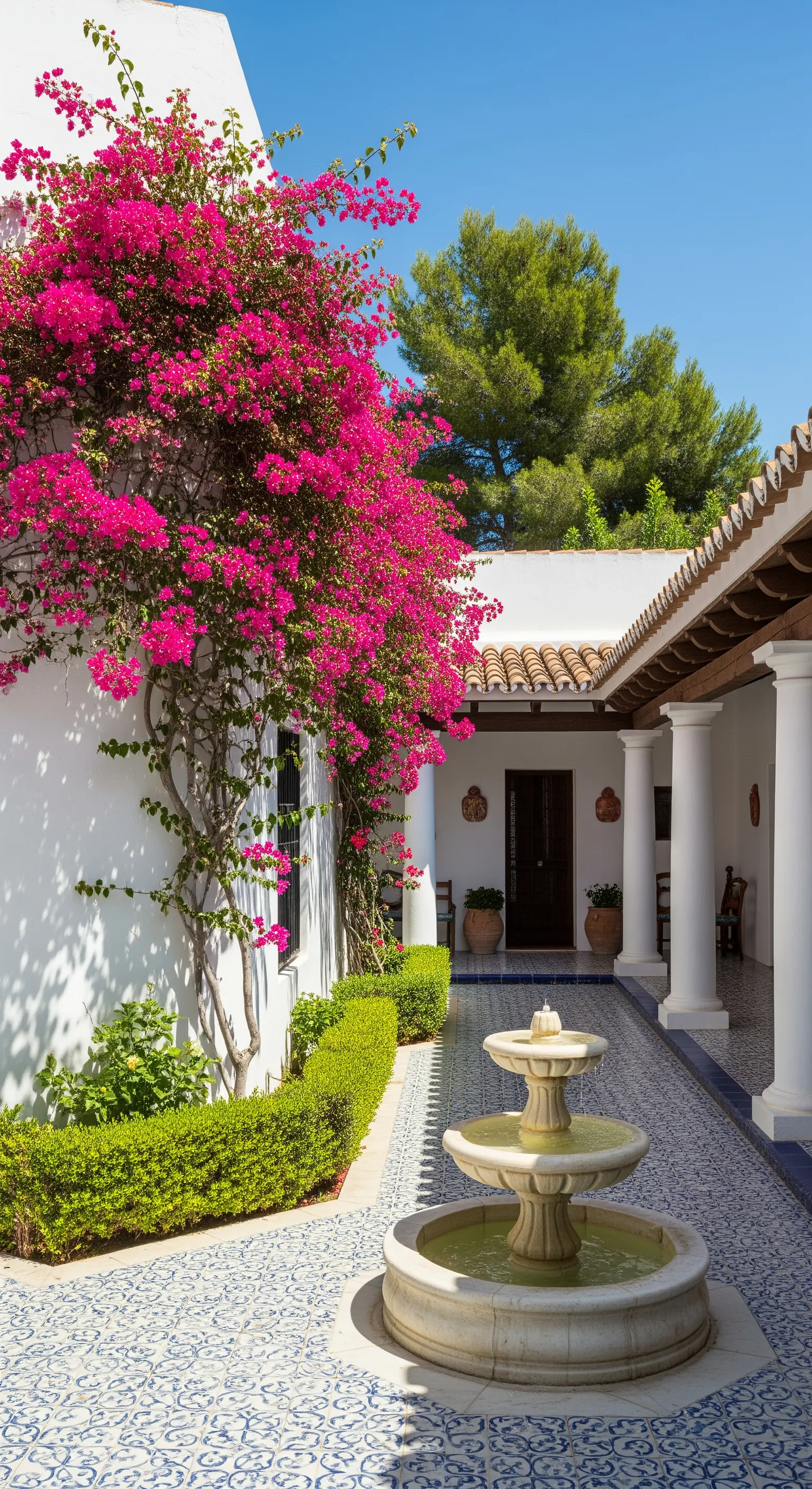 Cortile mediterraneo con bouganville fucsia, pavimento piastrellato e una piccola fontana.