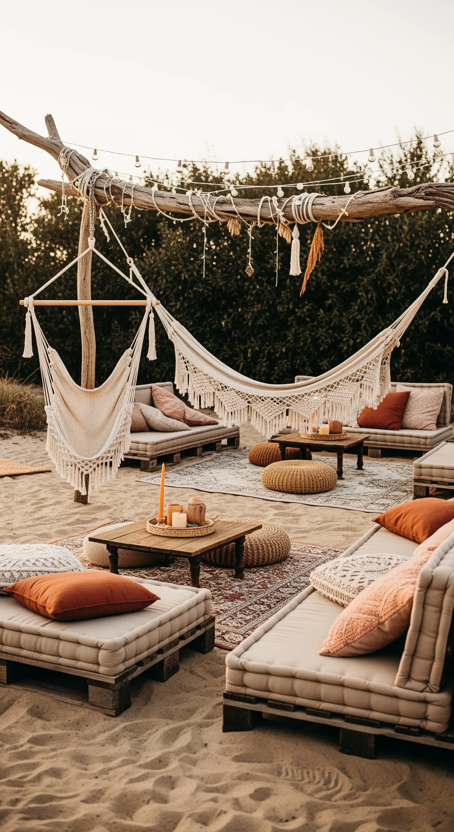 Allestimento bohémien sulla sabbia con divani in pallet, amache in macramè e tappeti etnici.