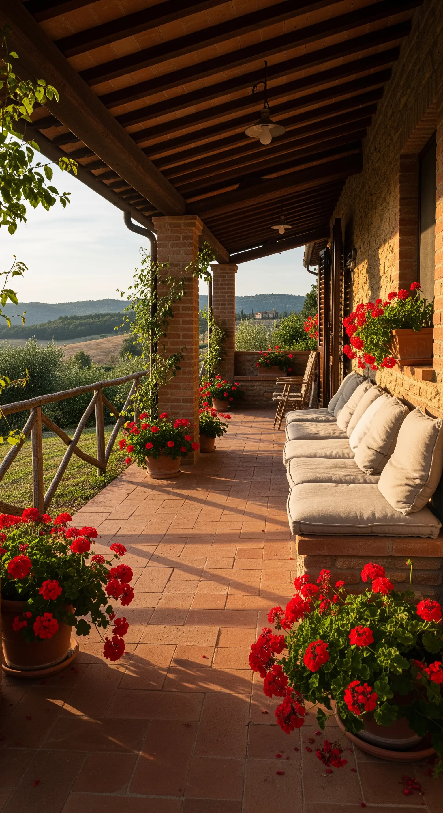Portico toscano con panca in muratura, cuscini écru e vasi di gerani rossi al tramonto.