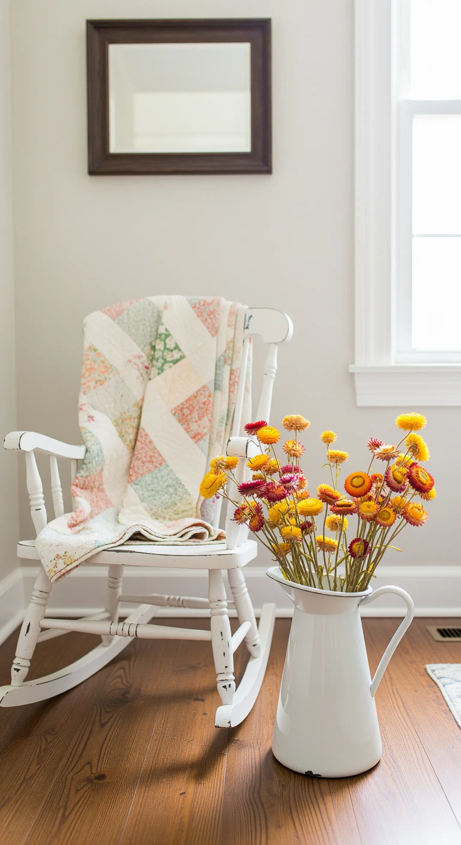 Sedia a dondolo bianca con una trapunta patchwork e una brocca di fiori secchi colorati.