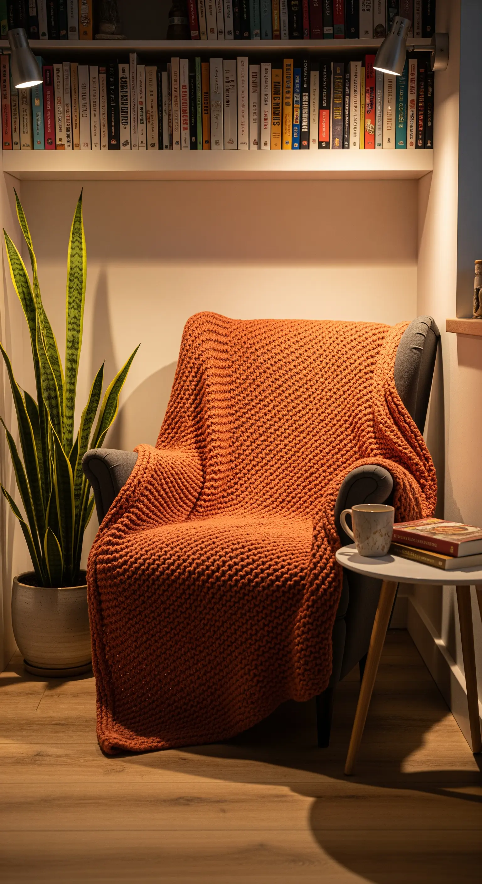Poltrona grigia con una spessa coperta lavorata a maglia color terracotta in un angolo lettura.