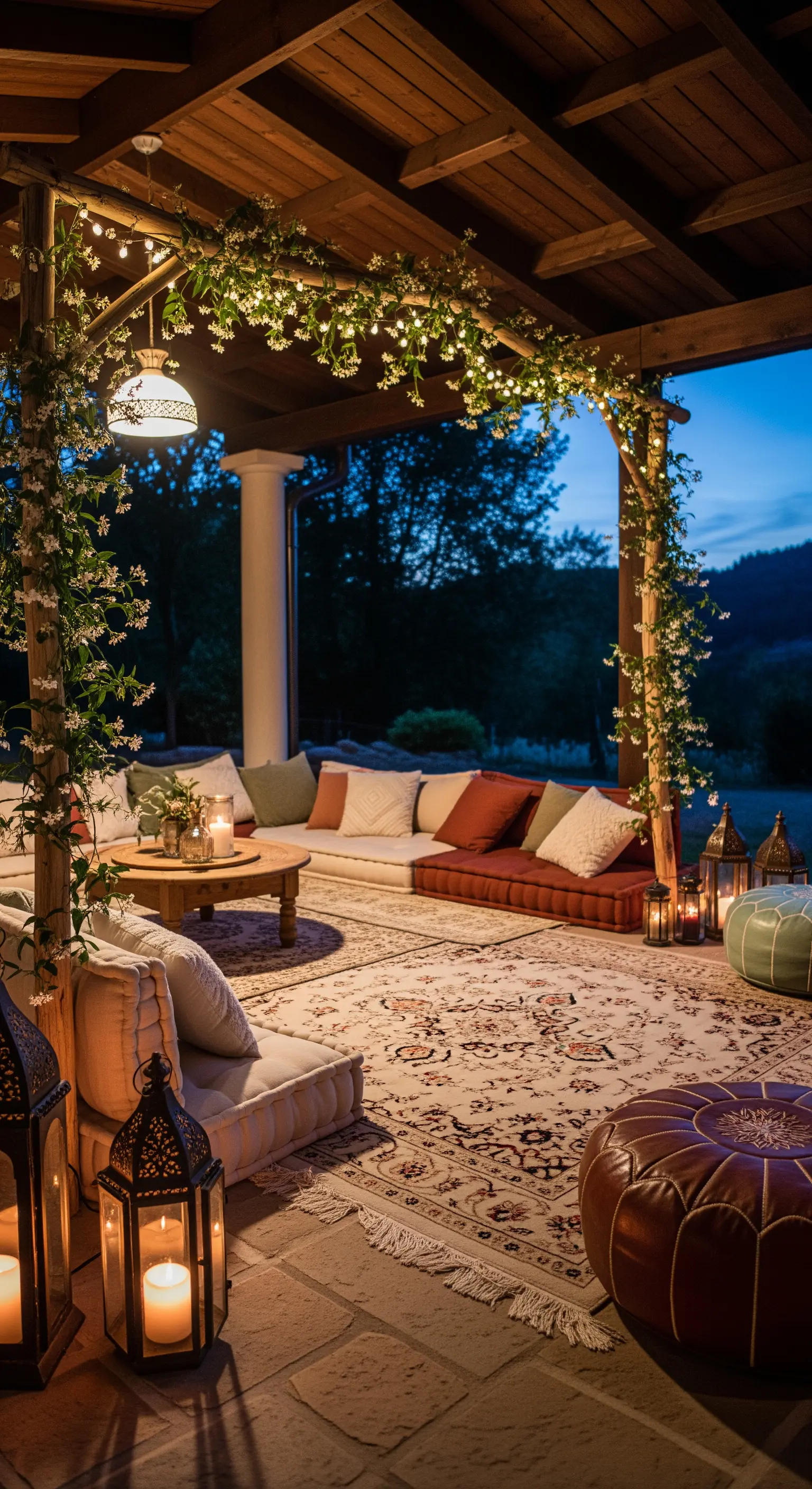 Veranda bohémien con sedute basse, cuscini colorati, tappeto e lanterne marocchine.