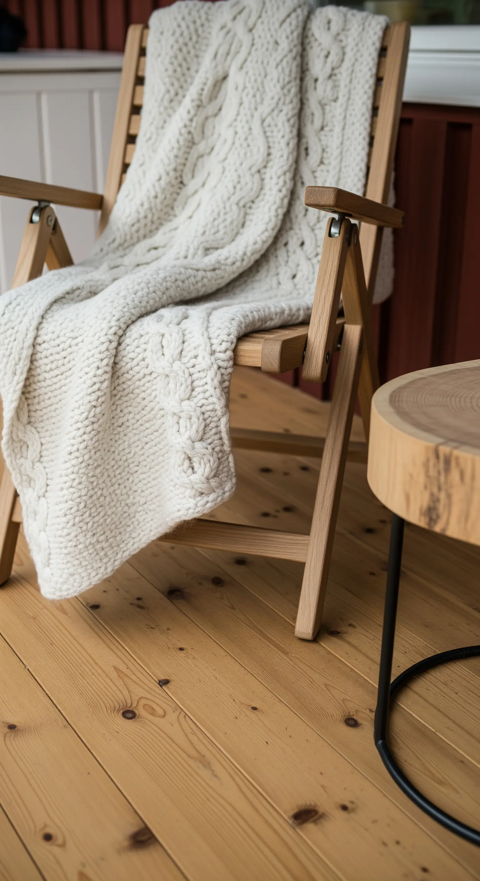 Dettaglio di una sedia pieghevole in legno con sopra un plaid in lana bianca a trecce.