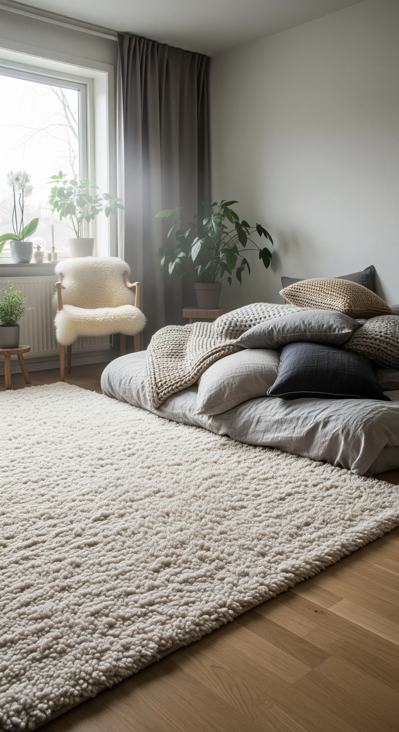 Camera da letto in stile scandinavo con materasso a terra su un grande tappeto bouclé color crema.