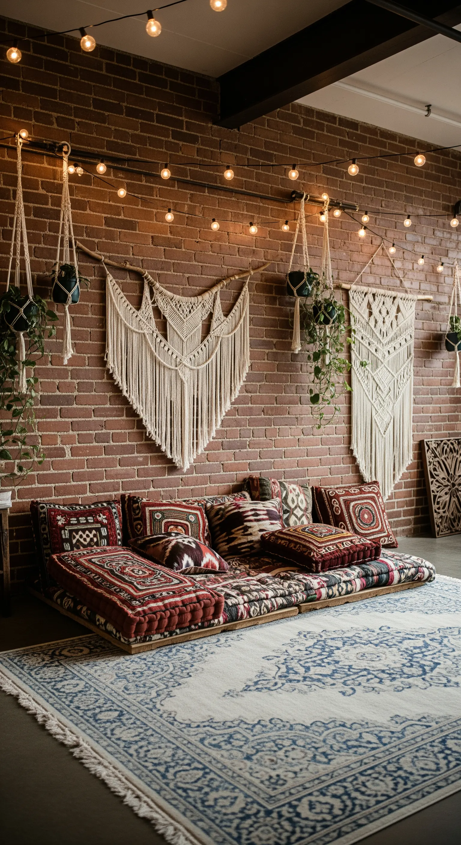 Angolo relax con cuscini da terra etnici, tappeti sovrapposti e decorazioni in macramè.