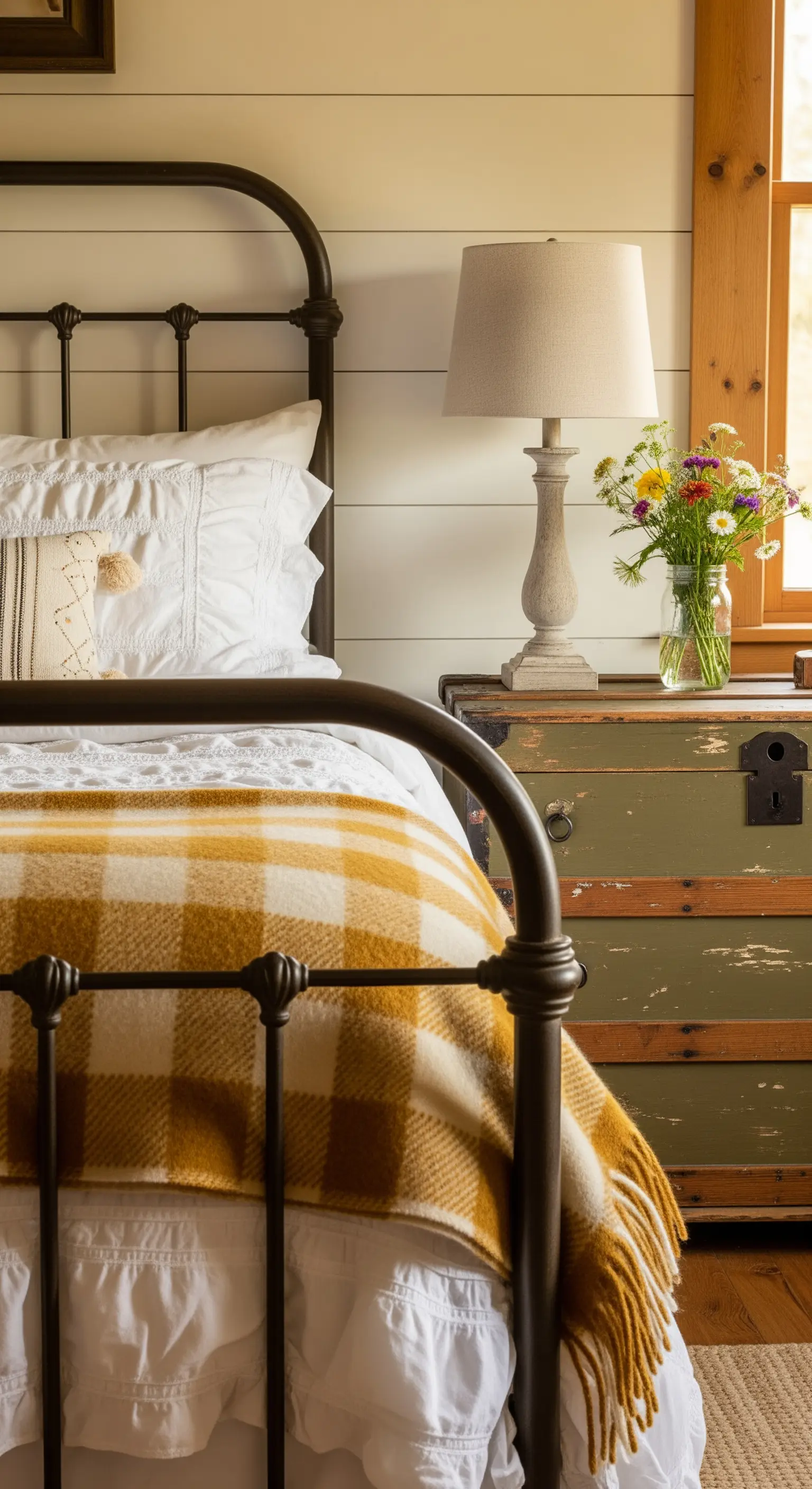 Dettaglio di una camera rustica con coperta a quadri senape e baule verde come comodino.