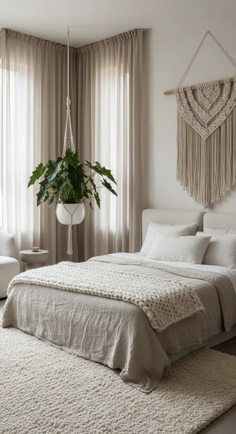 Camera da letto monocromatica beige con diverse texture: lino, lana, macramè.