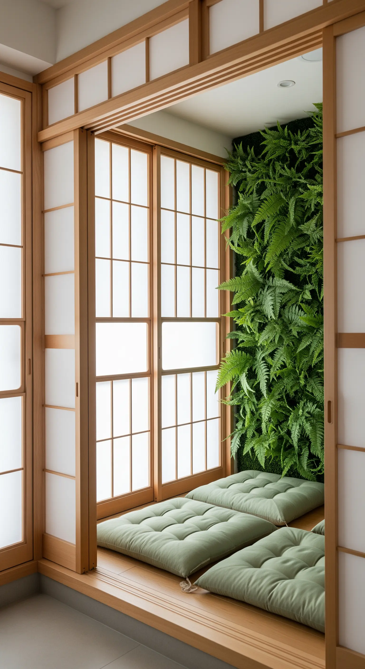Angolo relax con porte shoji, cuscini verdi e una parete verticale di felci.