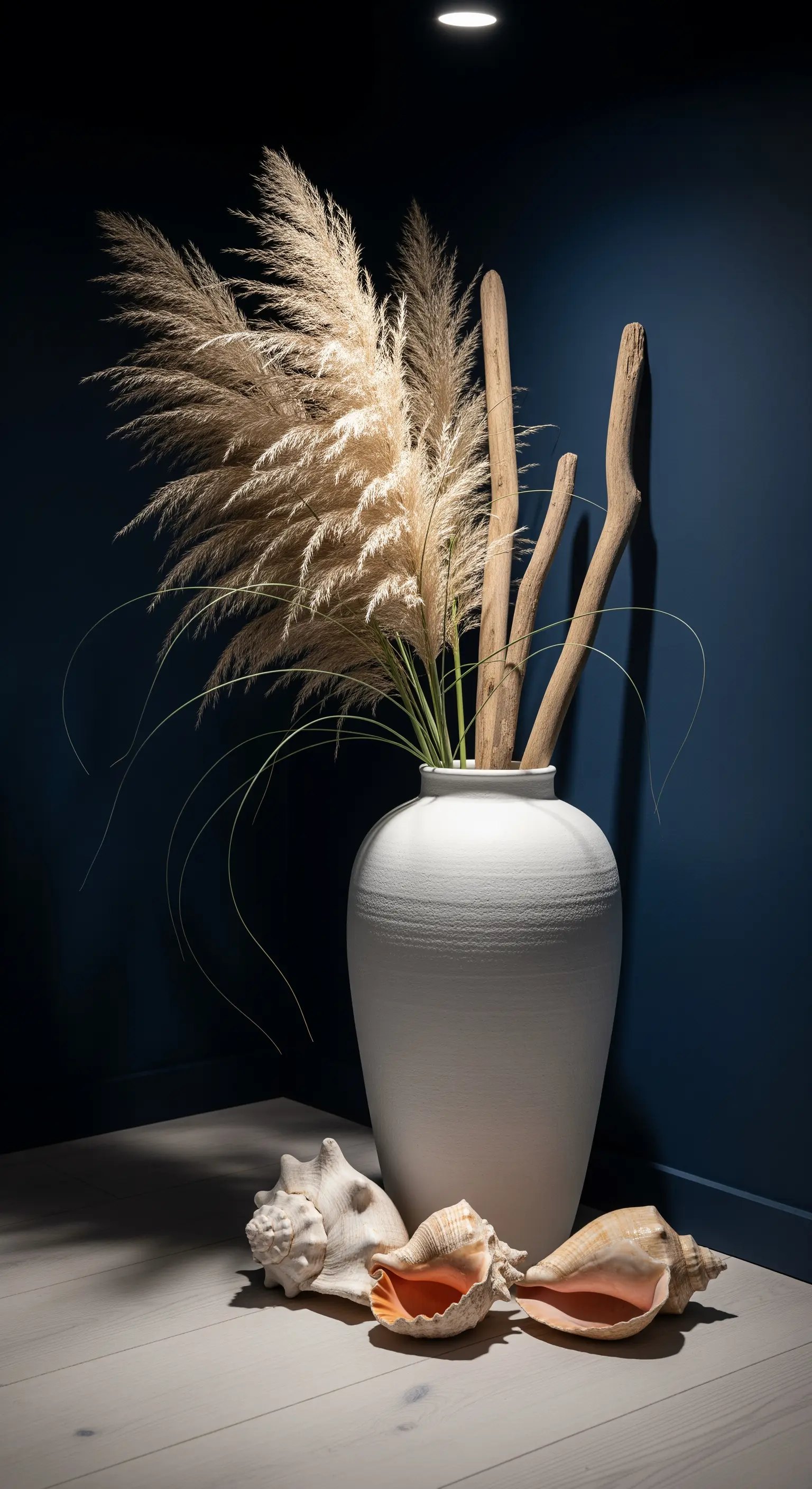 Vaso bianco con erba della Pampa e legni contro una parete blu scuro.
