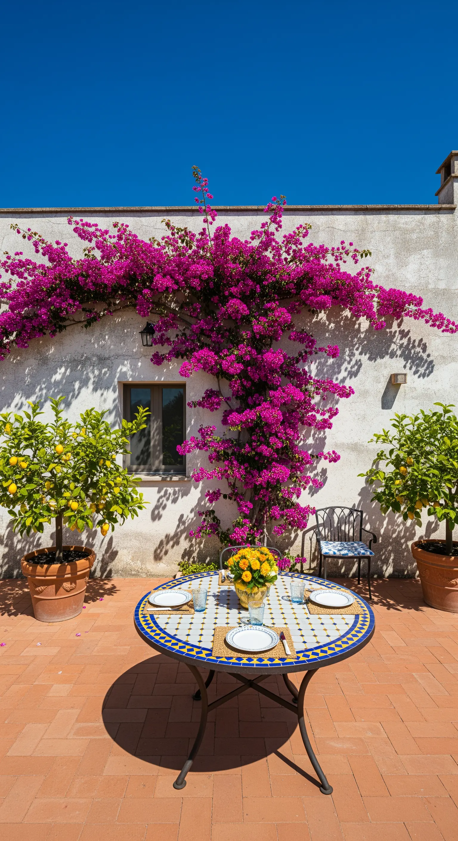 Tavolo rotondo in mosaico blu sotto una bouganville fucsia, con alberi di limoni in vaso.