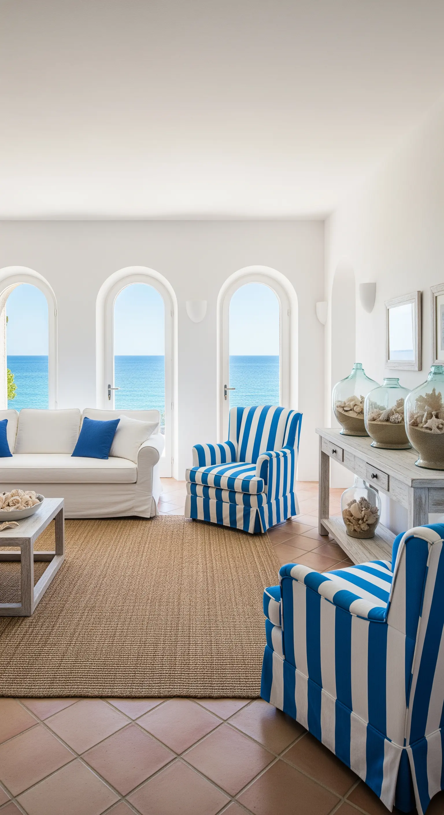 Poltrone a righe verticali blu e bianche in un soggiorno mediterraneo.