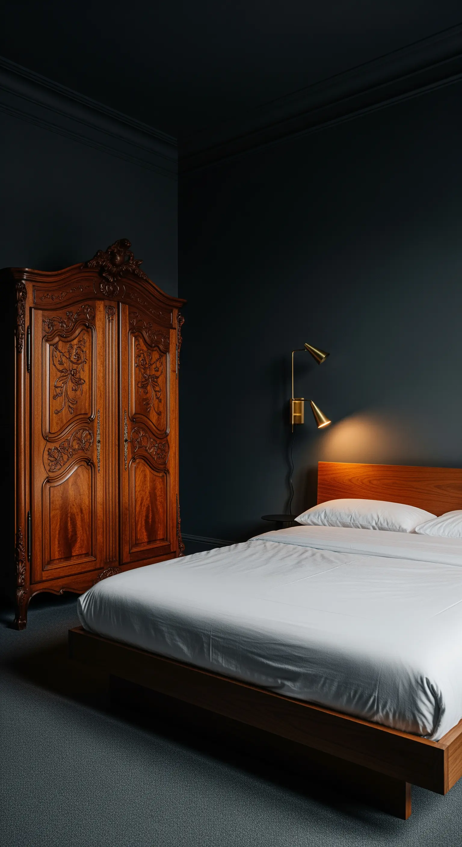 Armadio antico in legno scuro accanto a un letto moderno e basso in una stanza blu notte.