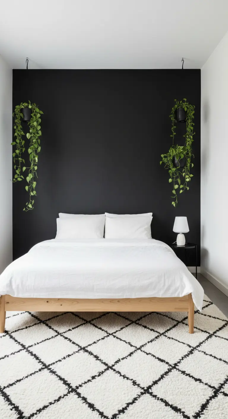 Parete focale nera dietro un letto in legno chiaro, con tappeto geometrico e piante.