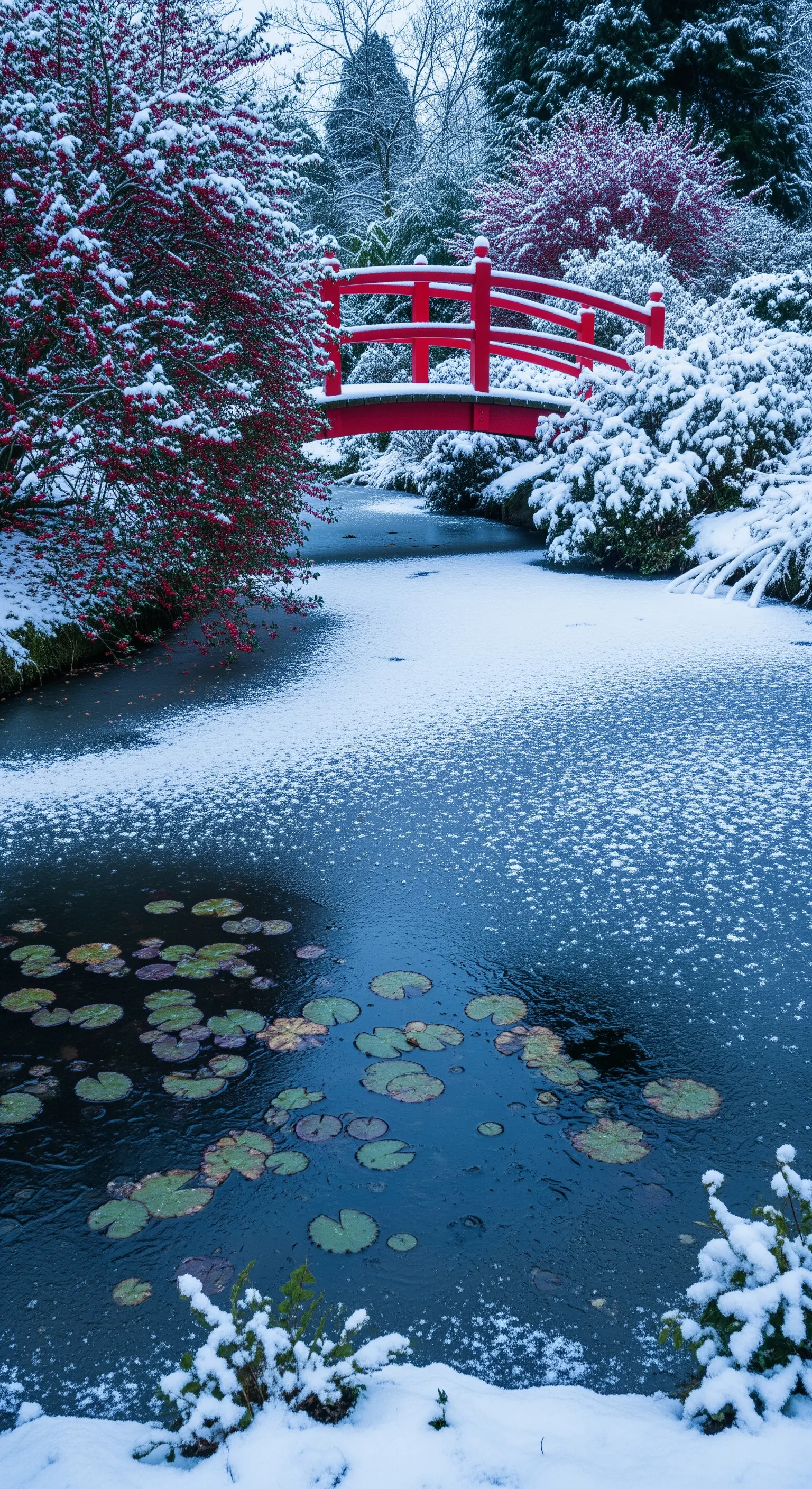 Ponte rosso acceso che risalta in un paesaggio innevato con un laghetto parzialmente ghiacciato