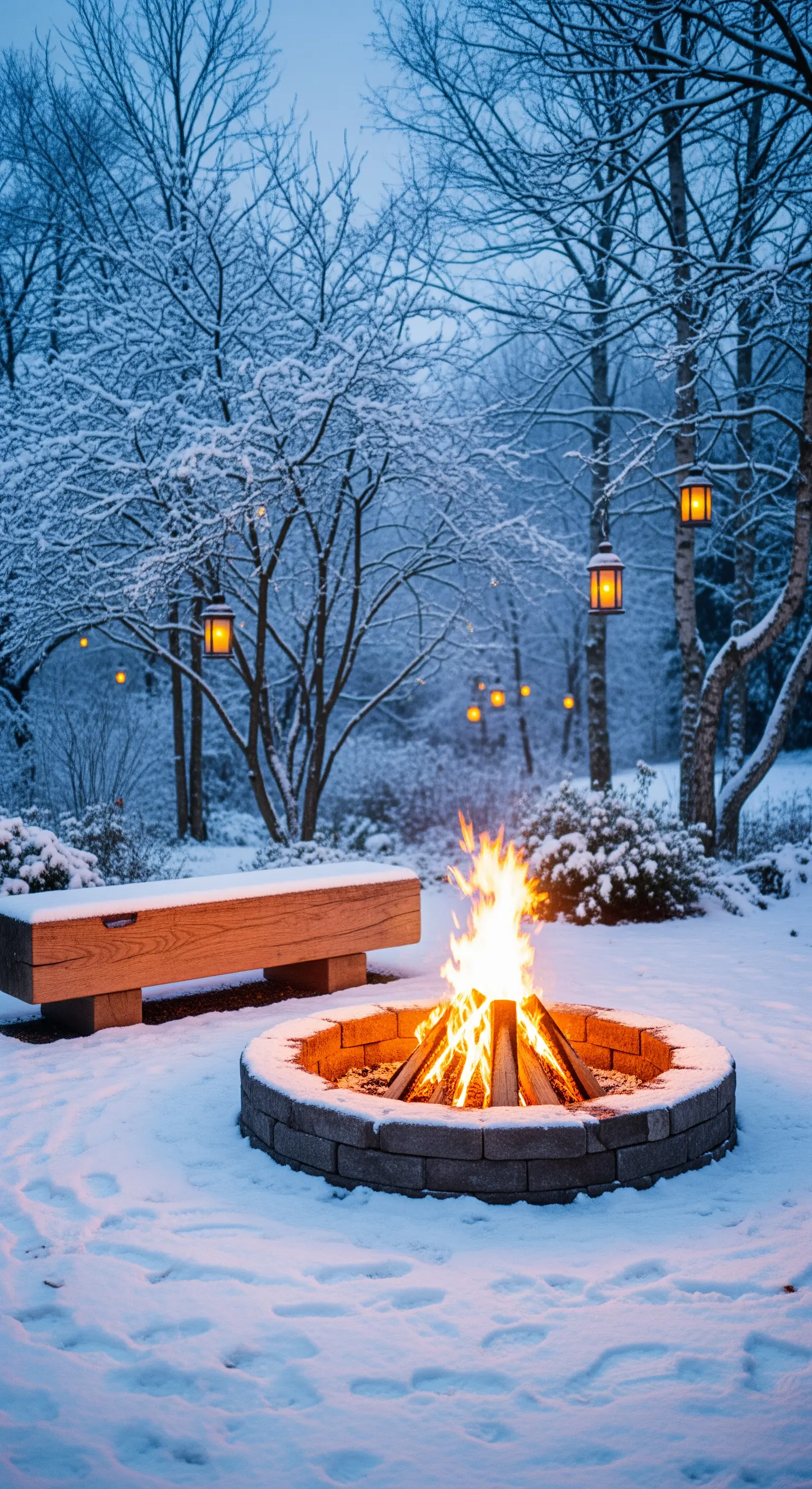 Braciere acceso nella neve, con una panca in legno e lanterne appese agli alberi innevati.