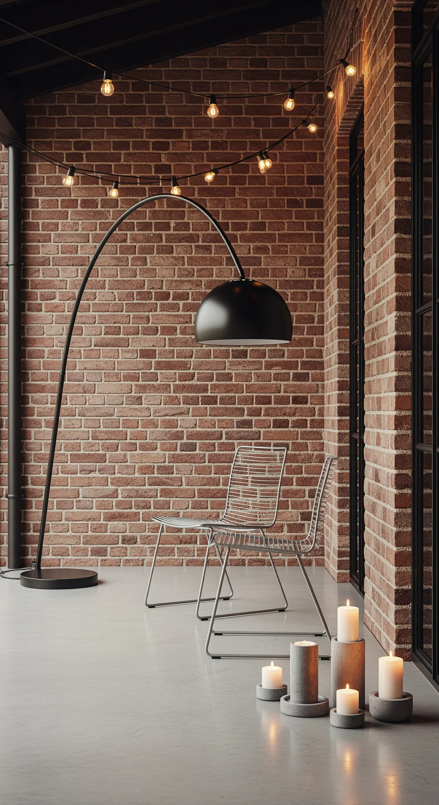 Patio in stile industriale con parete in mattoni, lampada ad arco nera e sedie in metallo.