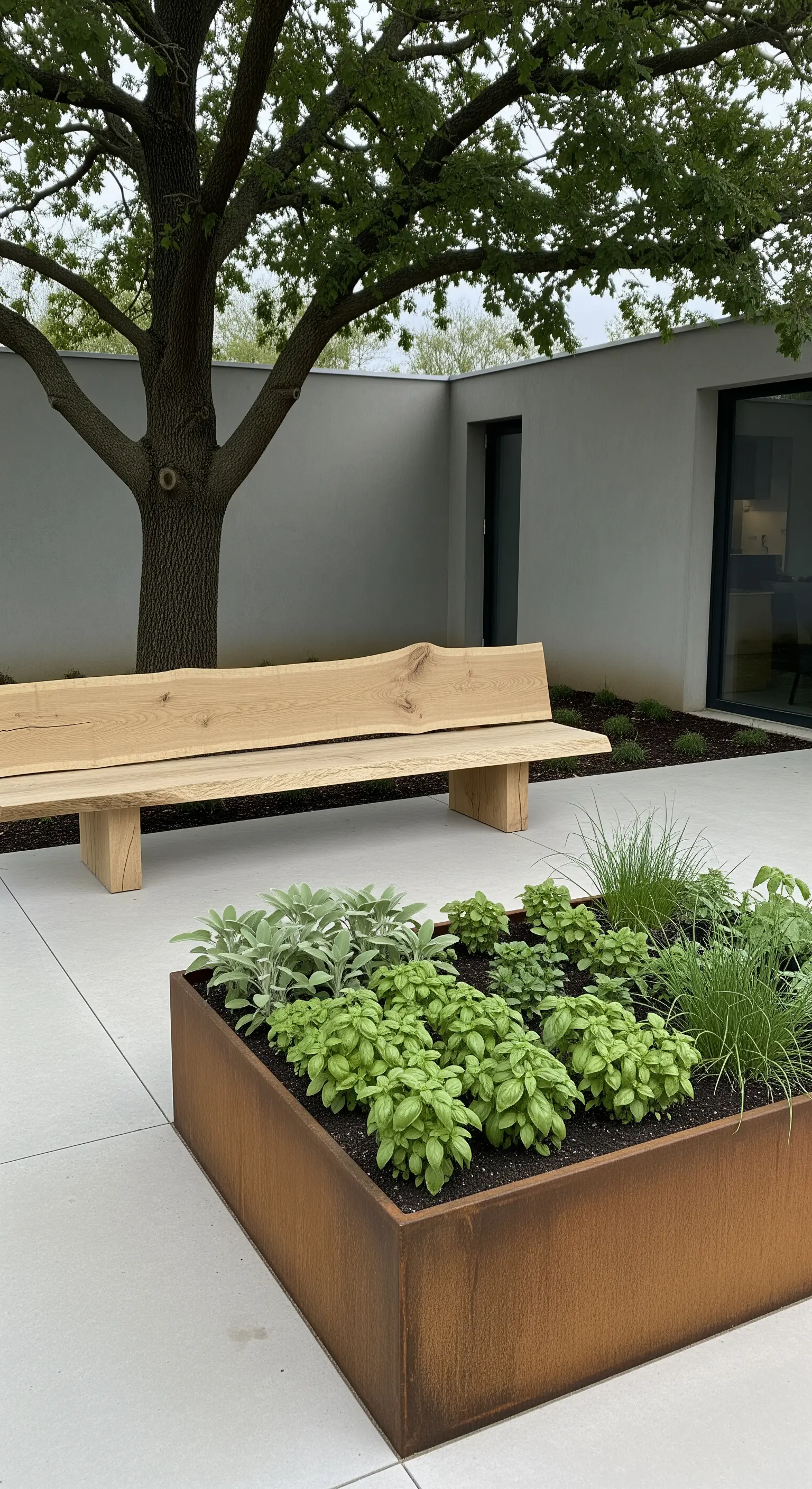 Fioriera in acciaio Corten con erbe aromatiche e panca in legno grezzo su pavimento in cemento.