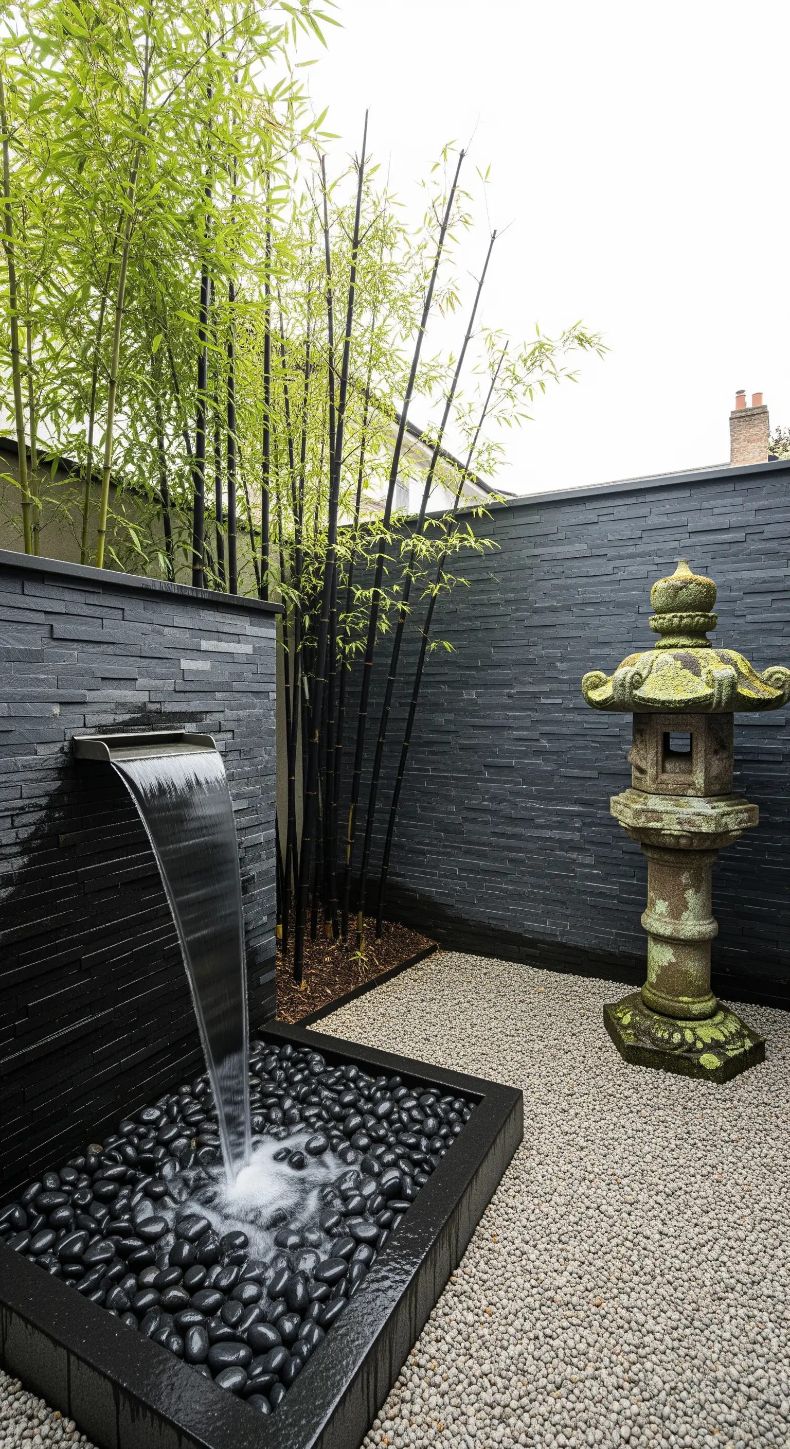 Angolo zen moderno con muro in ardesia, cascata, bambù nero e ciottoli levigati.