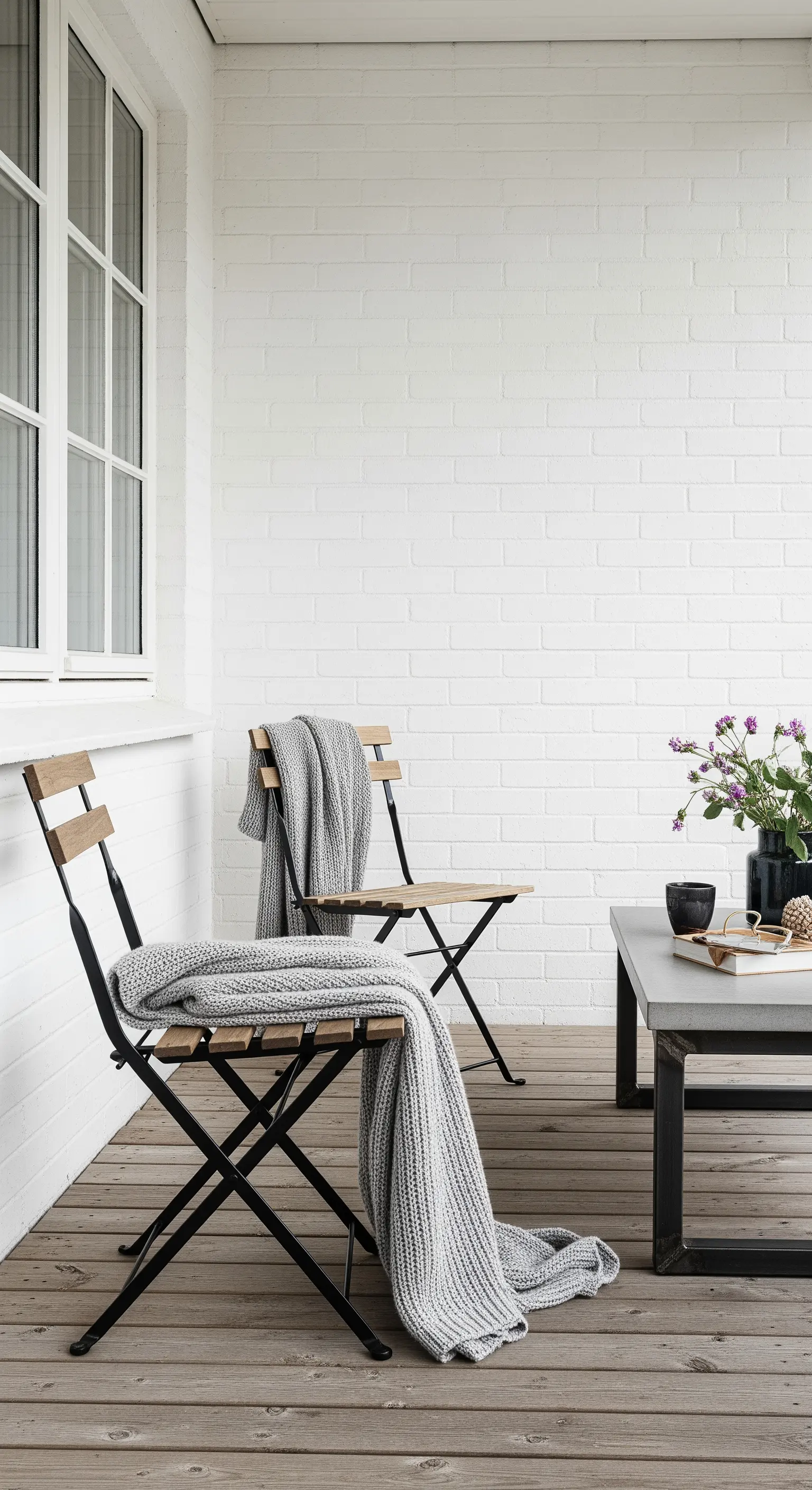 Sedie pieghevoli in metallo e legno contro un muro di mattoni bianchi, con plaid grigi.