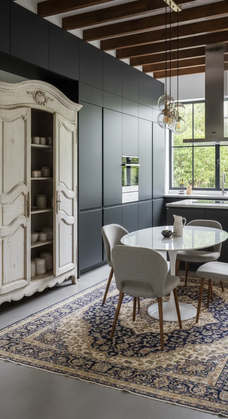 Cucina moderna nera con un grande armadio bianco in stile barocco e tappeto persiano.