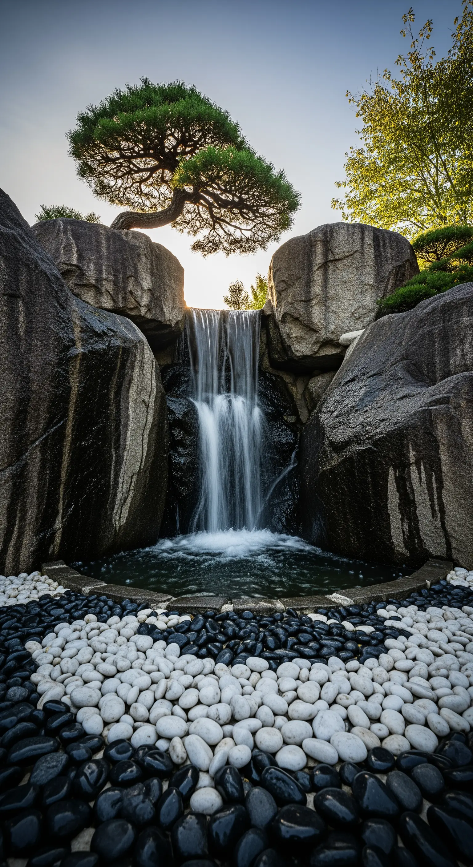 Cascata tra rocce scure che sfocia in una vasca circondata da ciottoli bianchi e neri