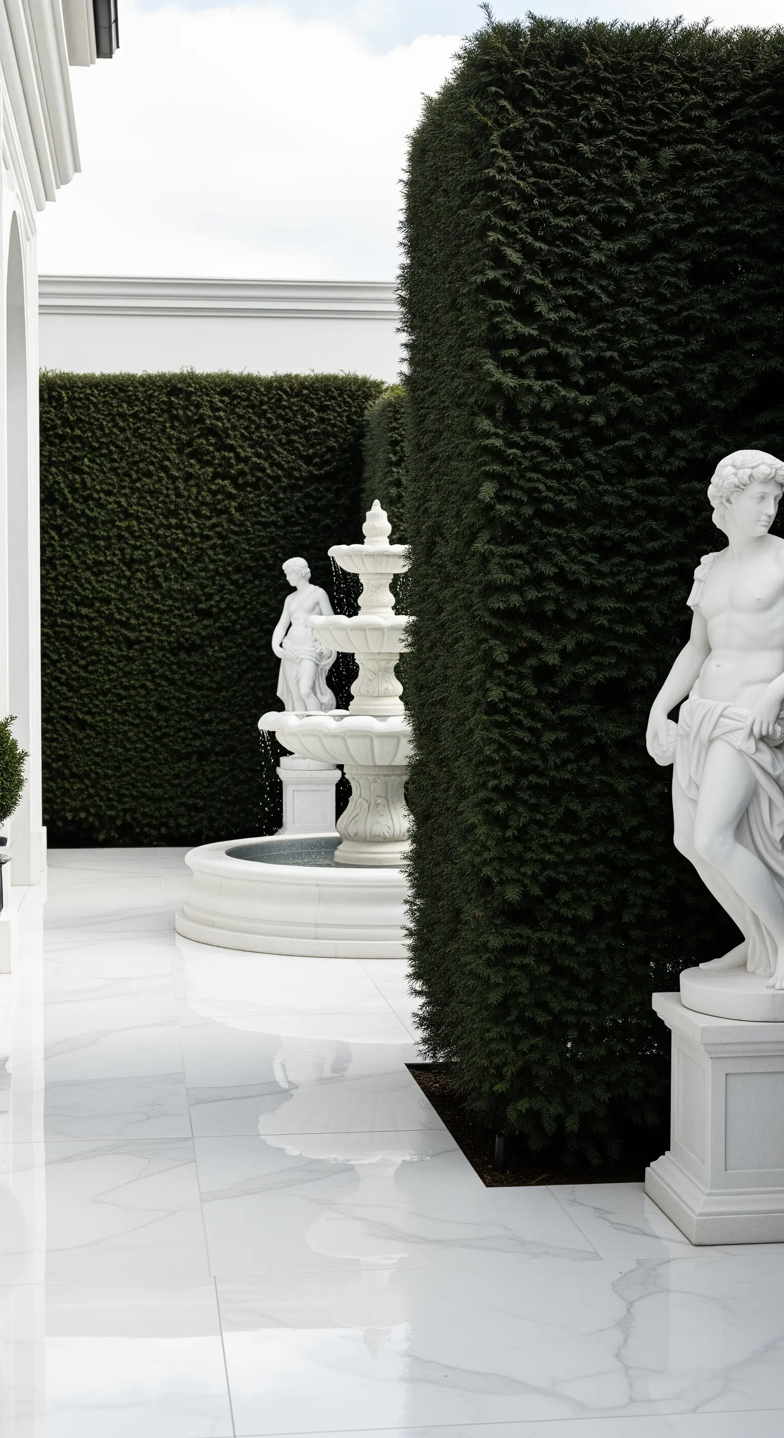 Patio con pavimento in marmo bianco lucido, alte siepi verdi e statue e fontana bianche.